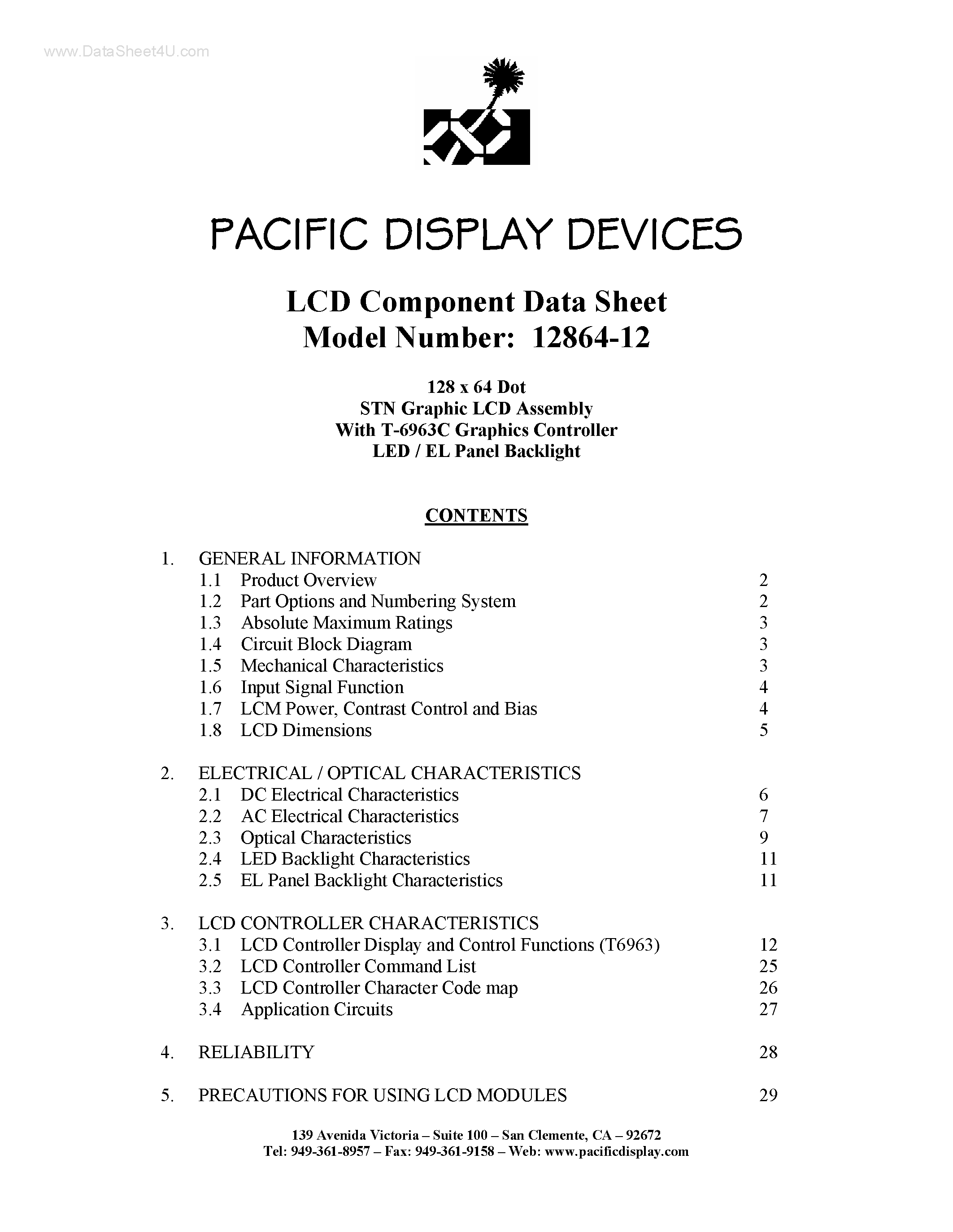 Datasheet 12864-12 - 128 x 64 Dot STN Graphic LCD Assembly page 1
