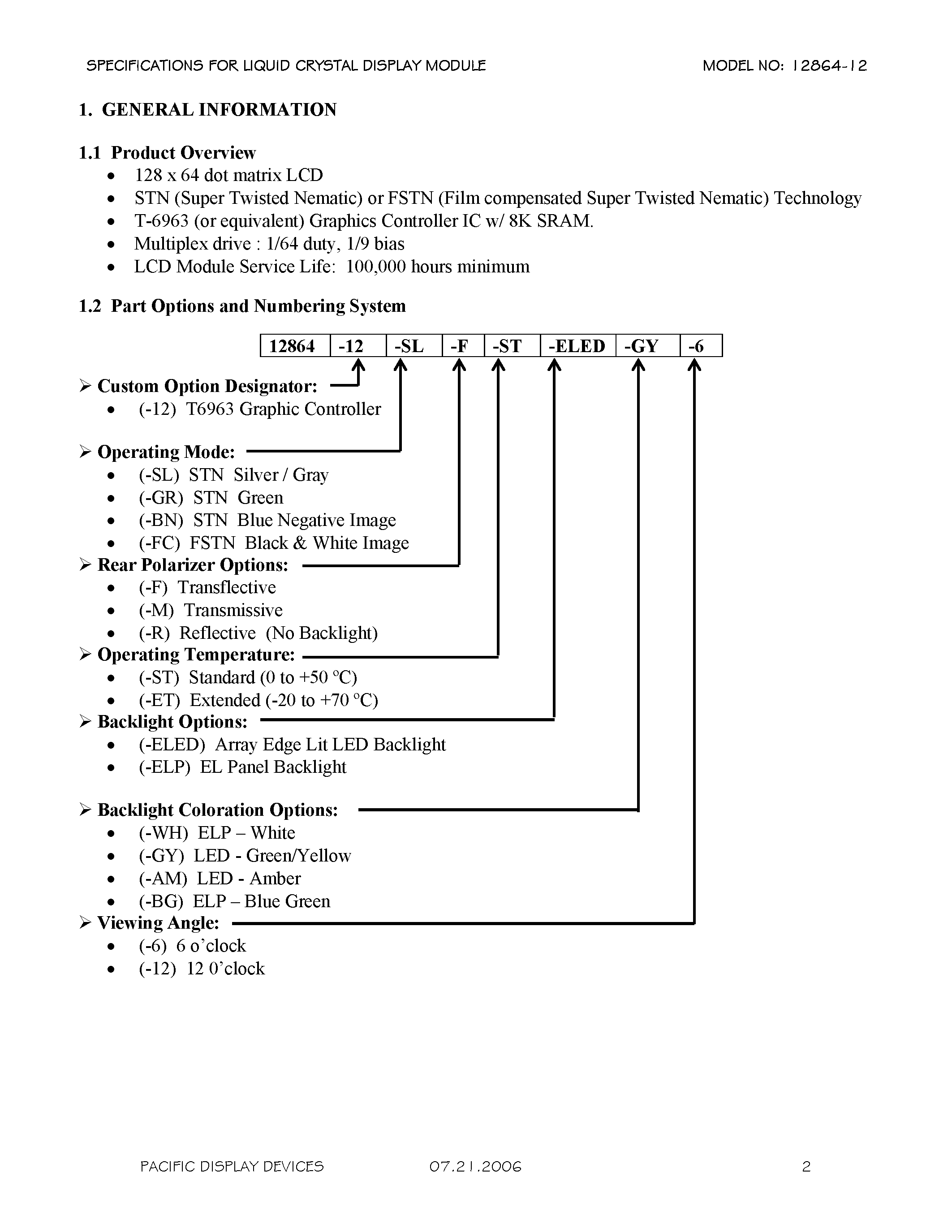 Datasheet 12864-12 - 128 x 64 Dot STN Graphic LCD Assembly page 2