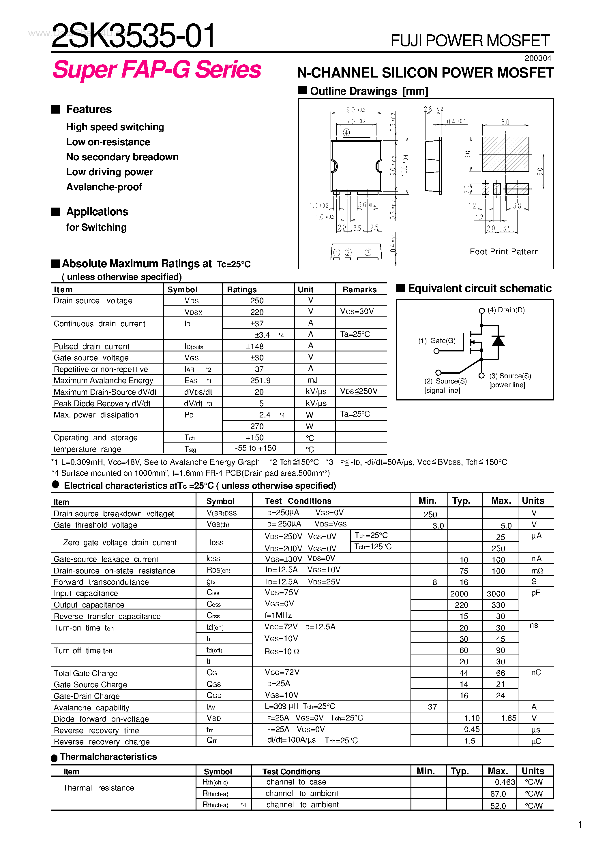 Datasheet 2SK3535-01 - N-CHANNEL SILICON POWER MOSFET page 1