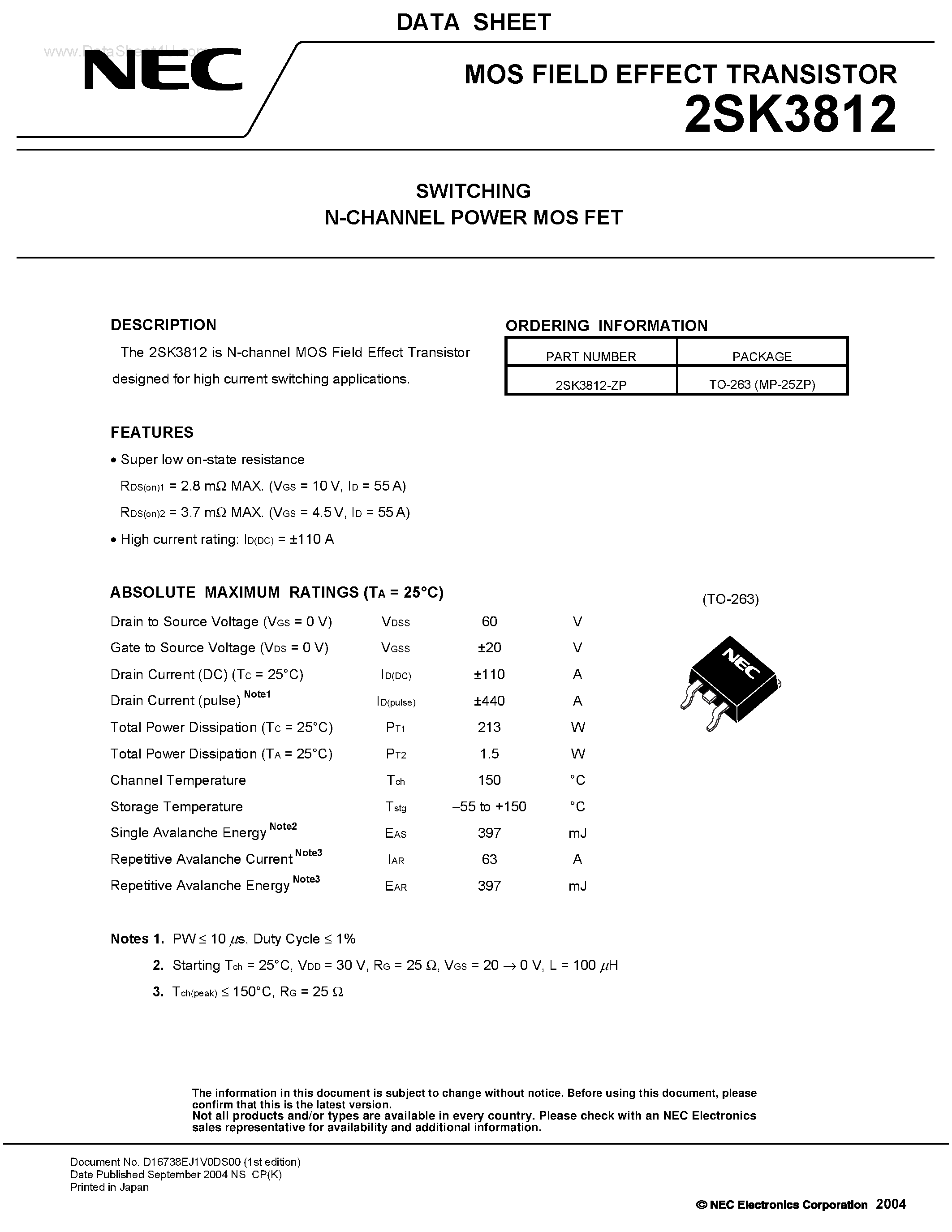 Datasheet 2SK3812 - SWITCHING N-CHANNEL POWER MOSFET page 1