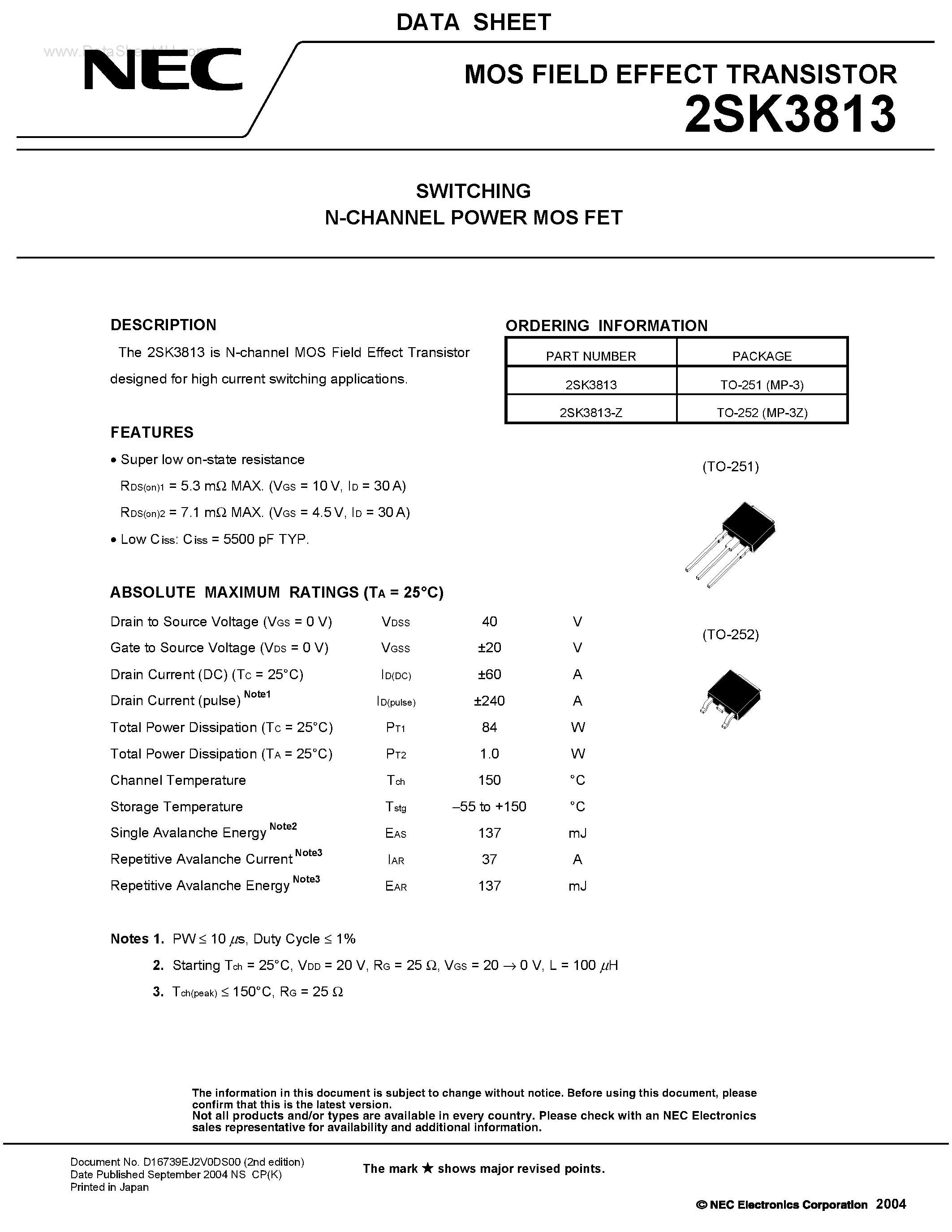 Datasheet 2SK3813 - SWITCHING N-CHANNEL POWER MOSFET page 1