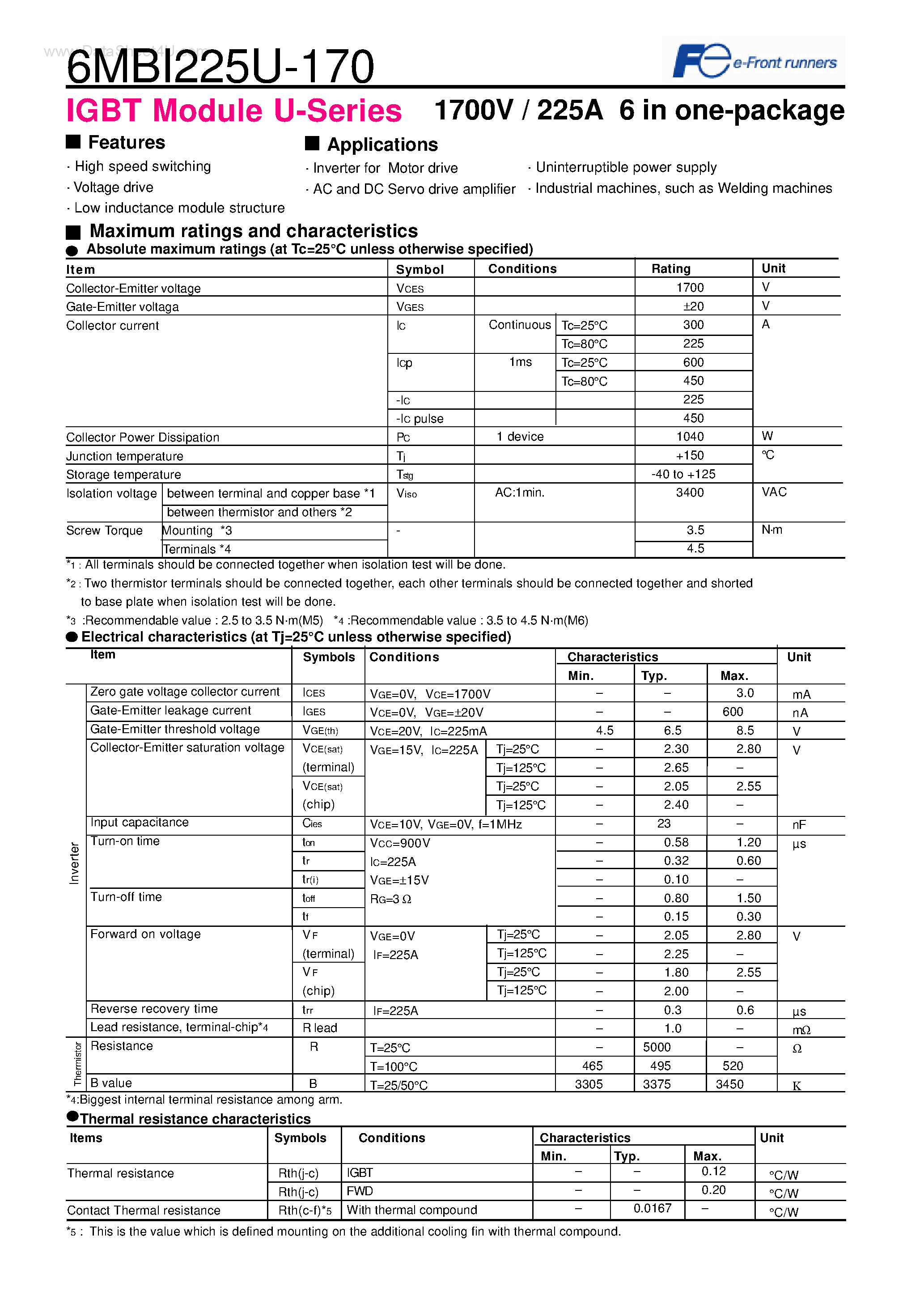 Datasheet 6MBI225U-170 - IGBT Module U-Series 1700V / 225A 6 in one-package page 1