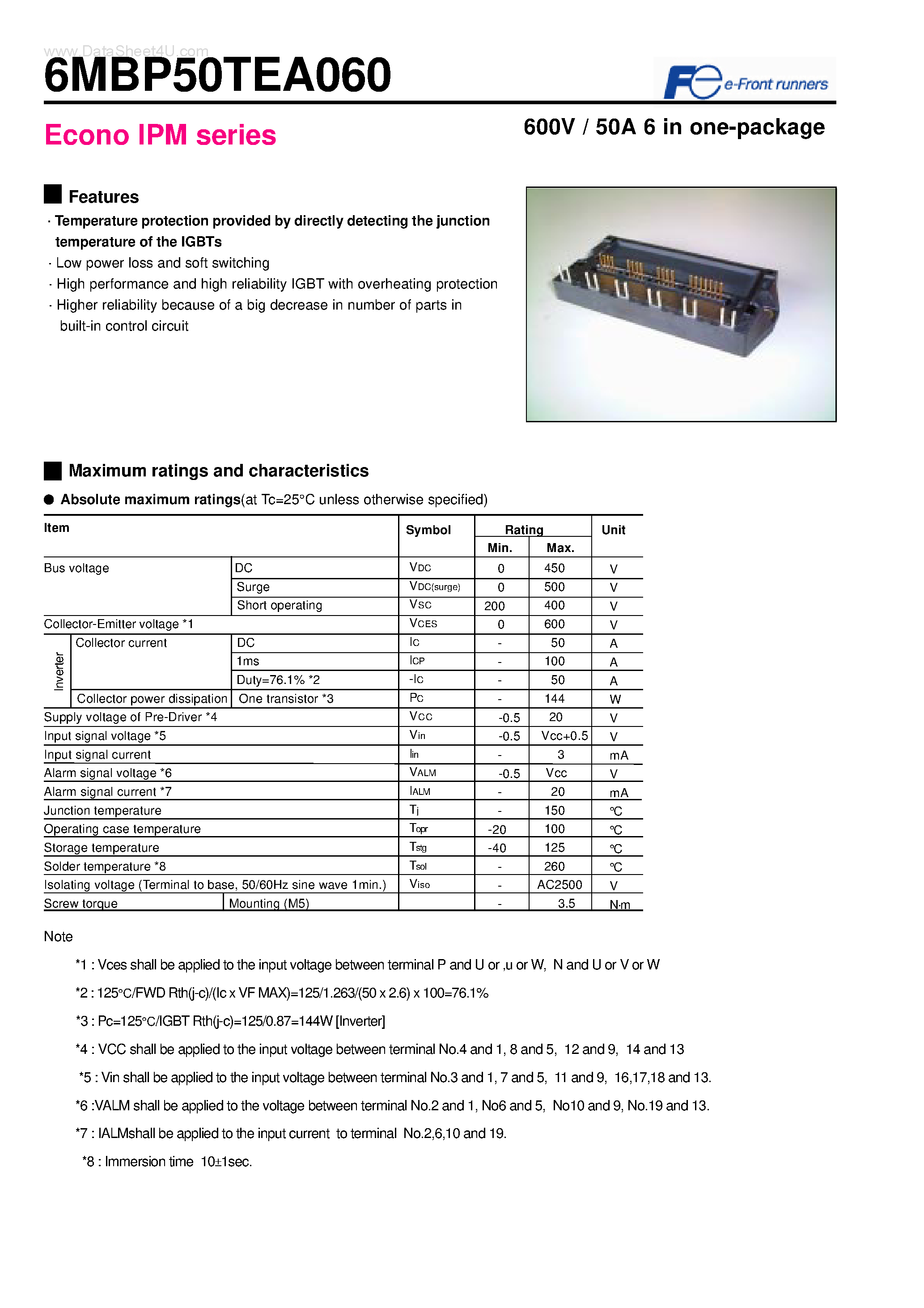 Datasheet 6MBP50TEA060 - Econo IPM series 600V / 50A 6 in one-package page 1