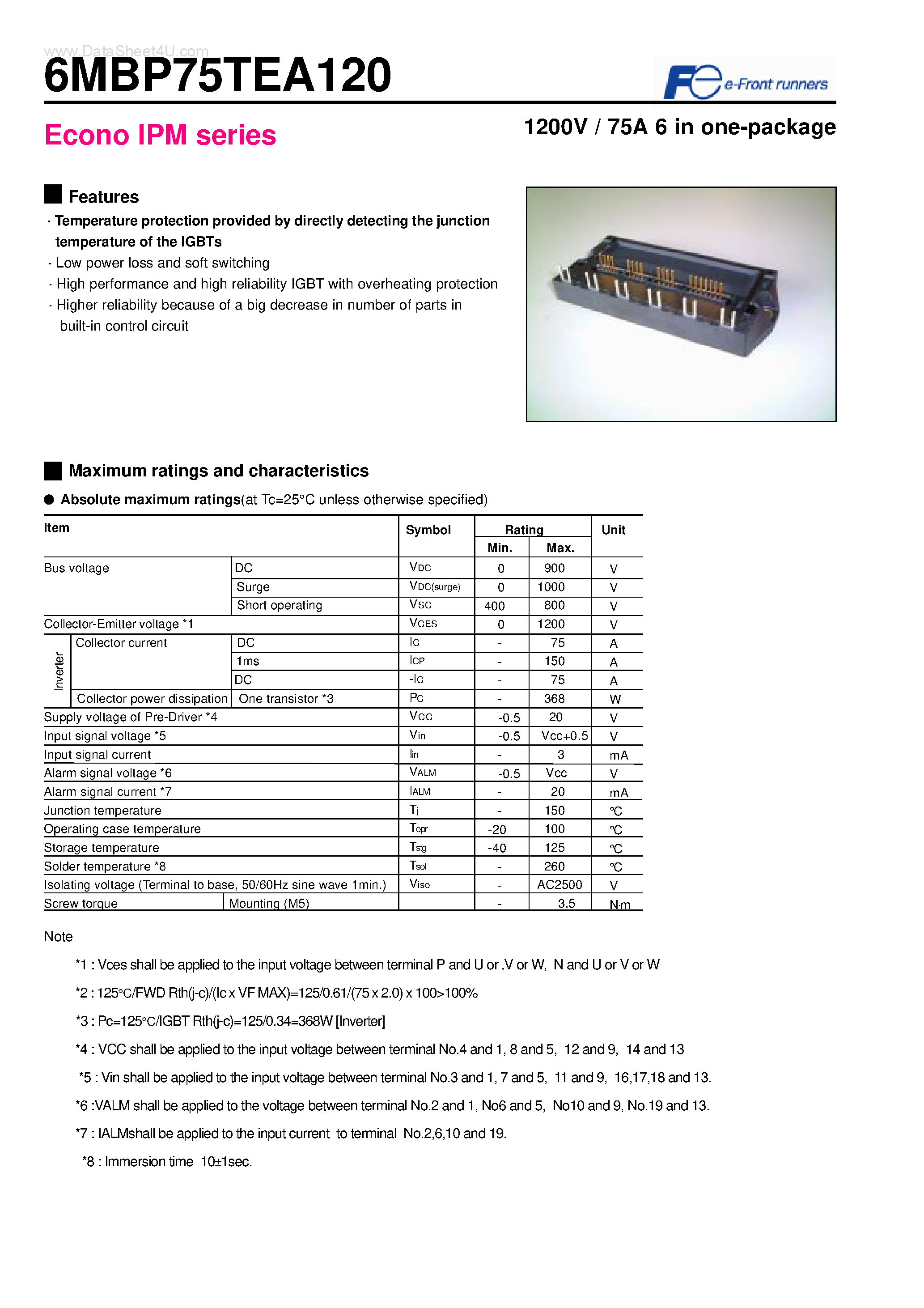 Datasheet 6MBP75TEA120 - Econo IPM series 1200V / 75A 6 in one-package page 1