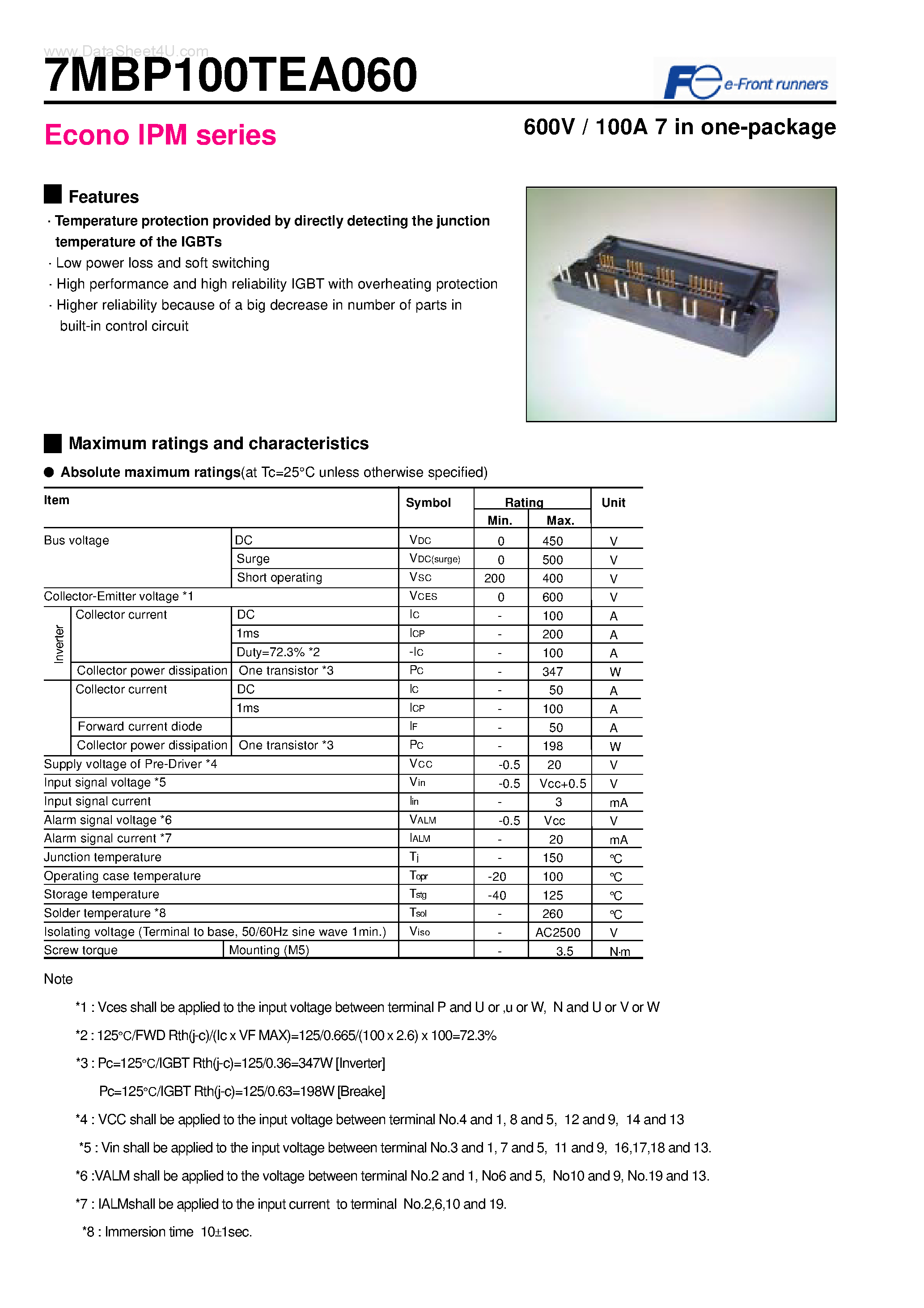 Datasheet 7MBP100TEA060 - Econo IPM series 600V / 100A 7 in one-package page 1