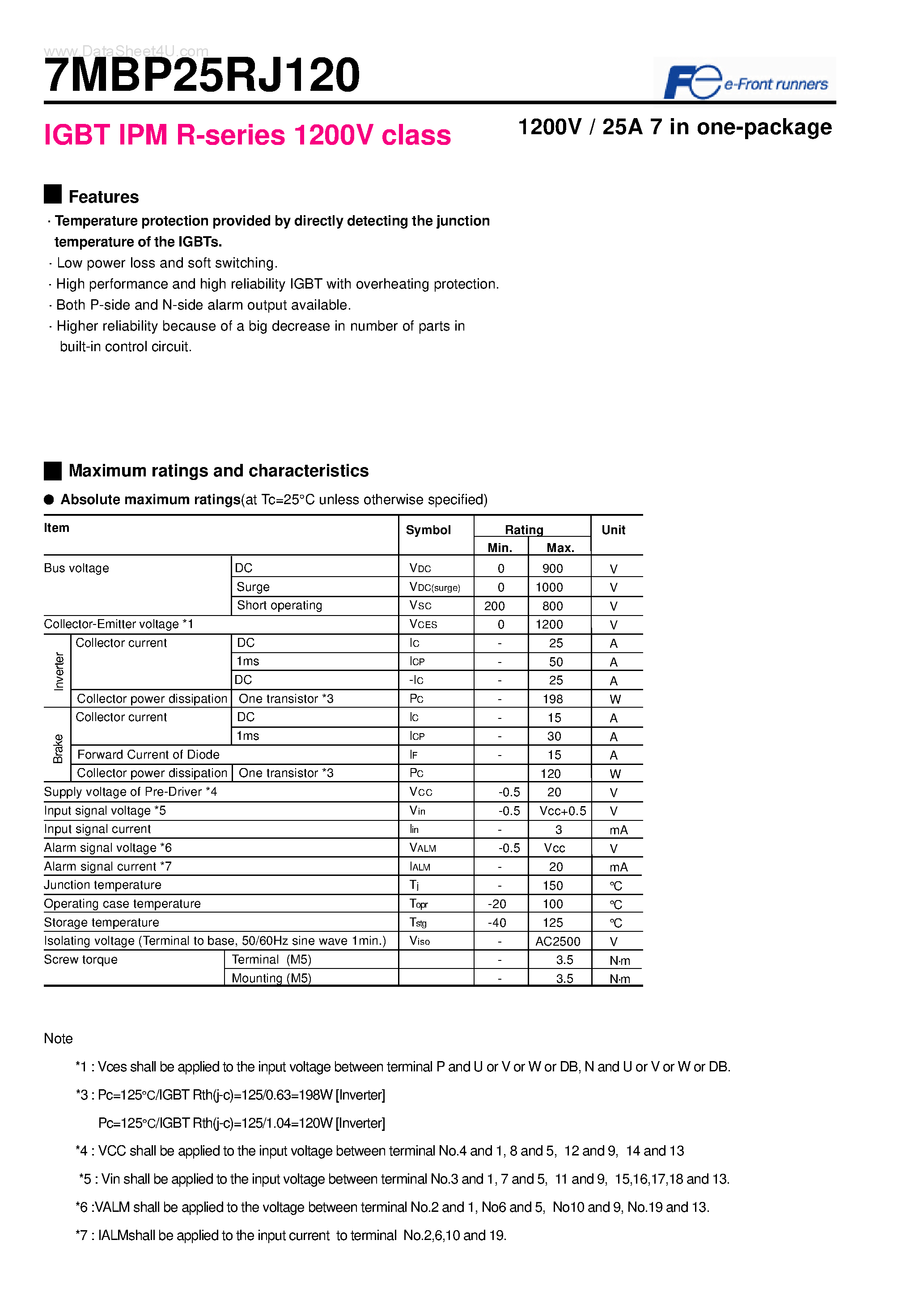 Даташит 7MBP25RJ120 - IGBT IPM R-series 1200V class 1200V / 25A 7 in one-package страница 1