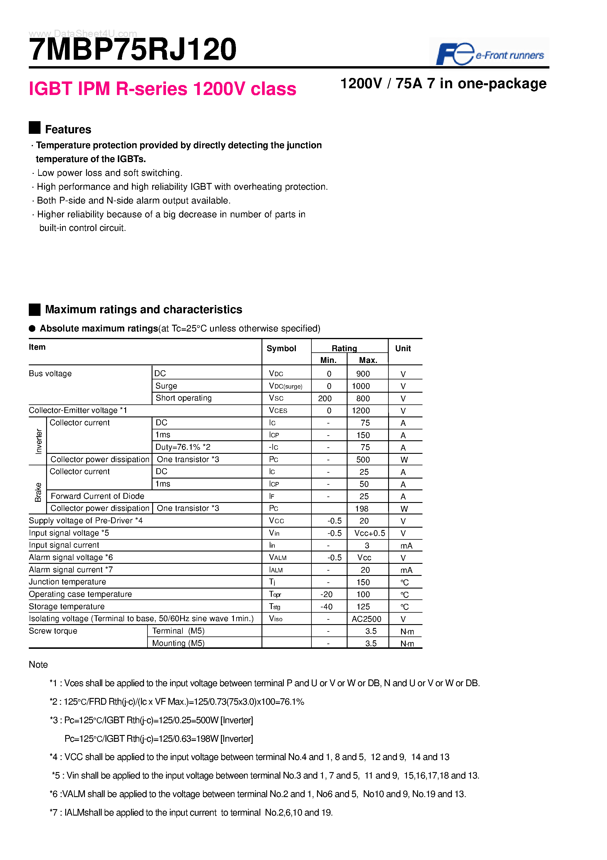 Даташит 7MBP75RJ120 - IGBT IPM R-series 1200V class 1200V / 75A 7 in one-package страница 1