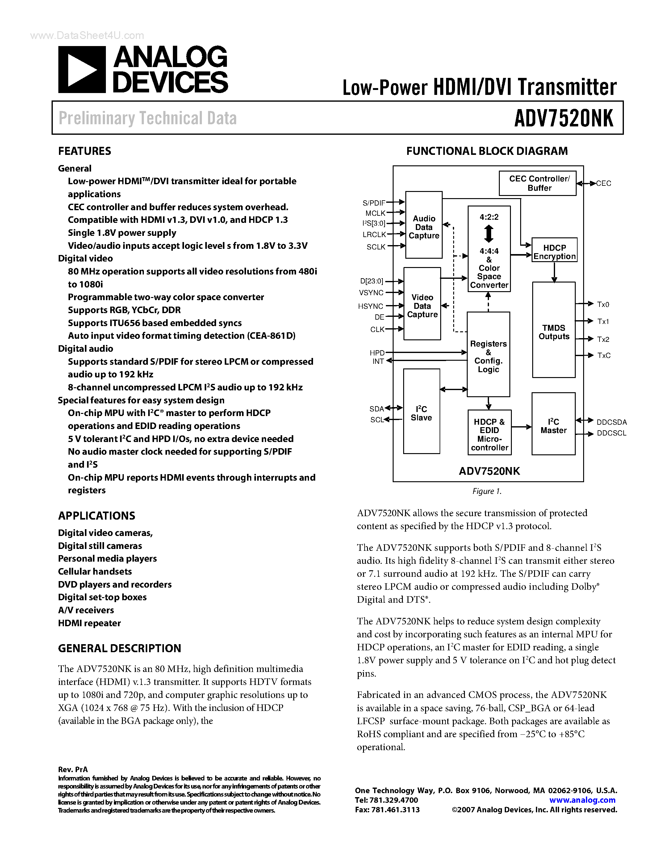 Даташит ADV7520NK - Low-Power HDMI/DVI Transmitter страница 1