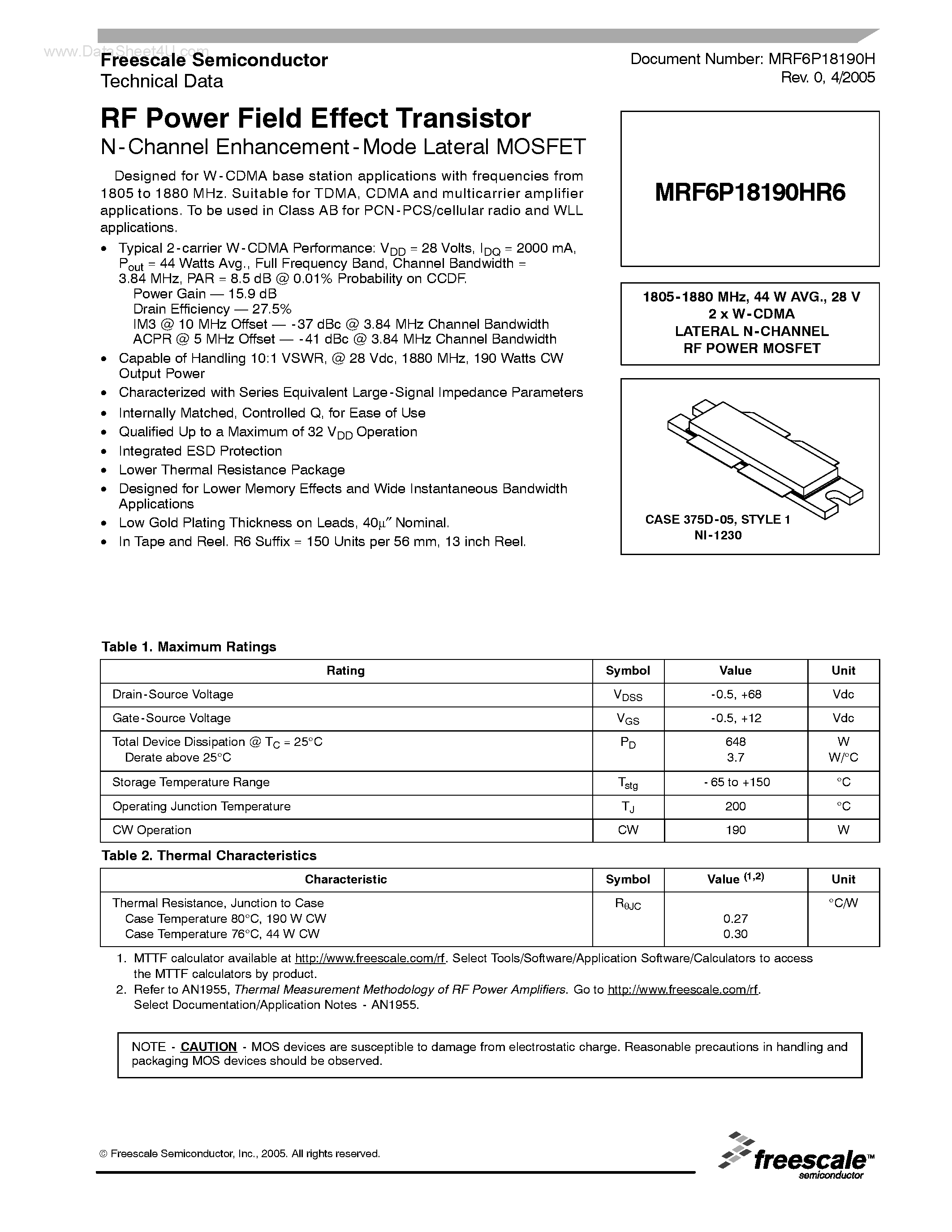 Datasheet MRF6P18190HR6 - RF Power Field Effect Transistor N-Channel Enhancement-Mode Lateral MOSFET page 1