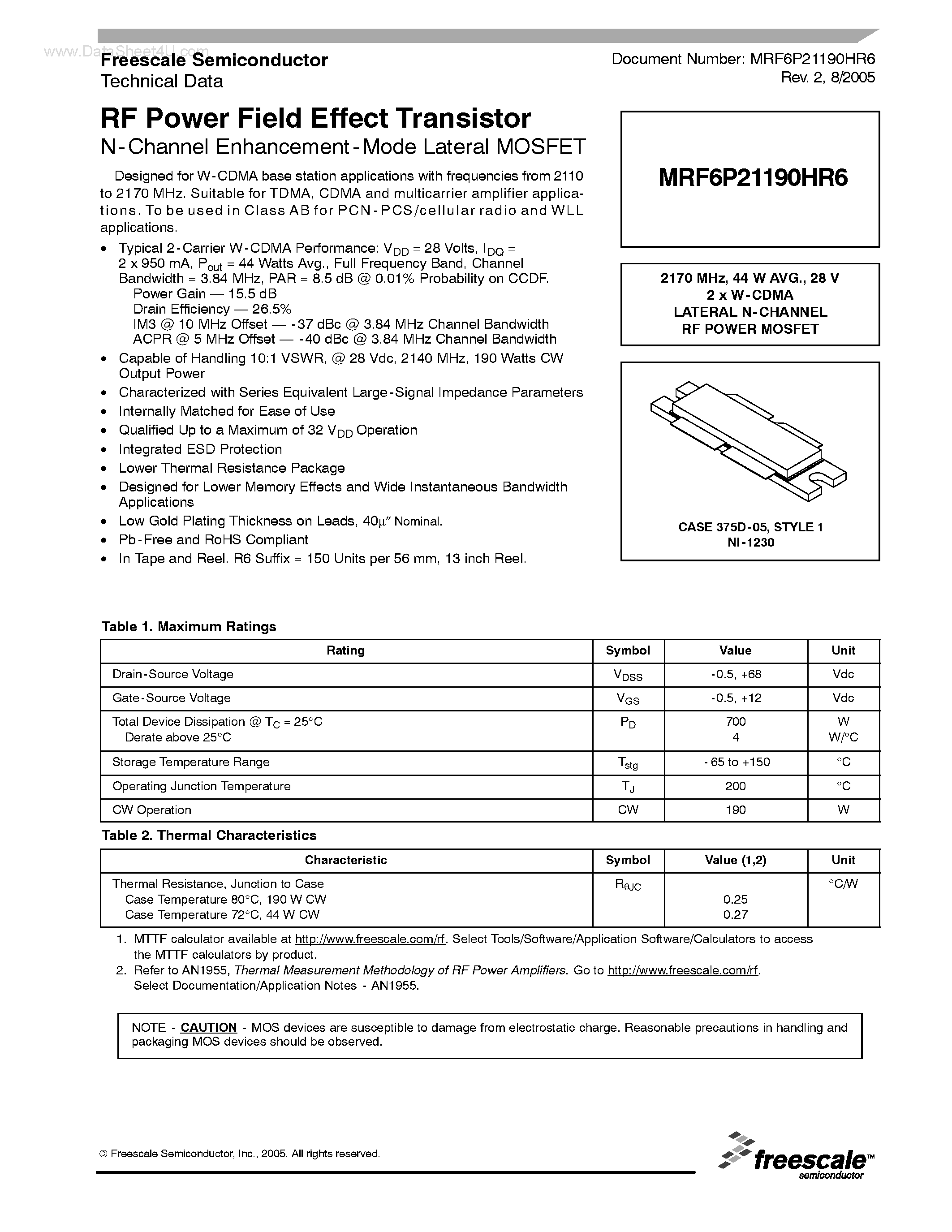 Datasheet MRF6P21190HR6 - RF Power Field Effect Transistor N-Channel Enhancement-Mode Lateral MOSFET page 1