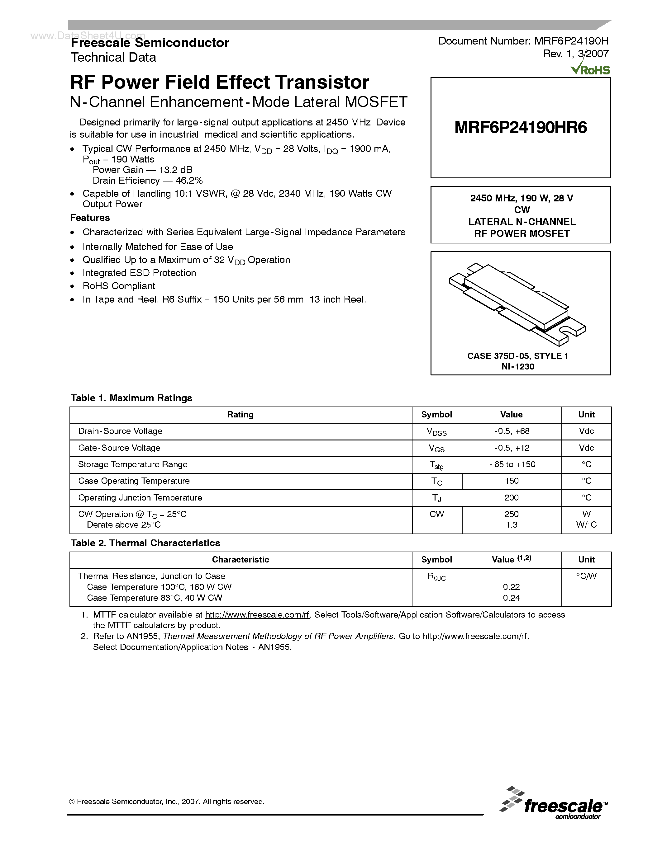 Datasheet MRF6P24190HR6 - RF Power Field Effect Transistor N-Channel Enhancement-Mode Lateral MOSFET page 1