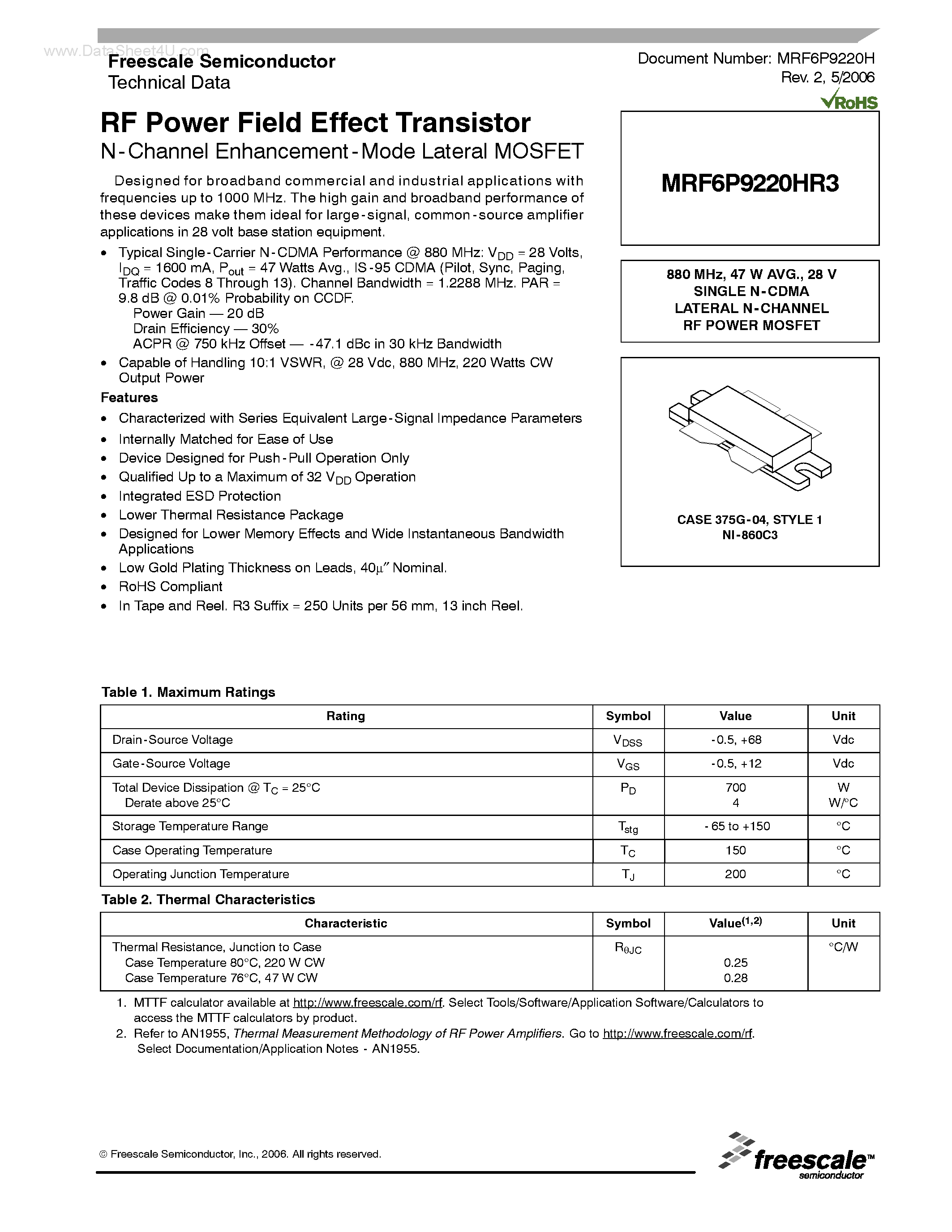 Datasheet MRF6P9220HR3 - RF Power Field Effect Transistor N-Channel Enhancement-Mode Lateral MOSFET page 1