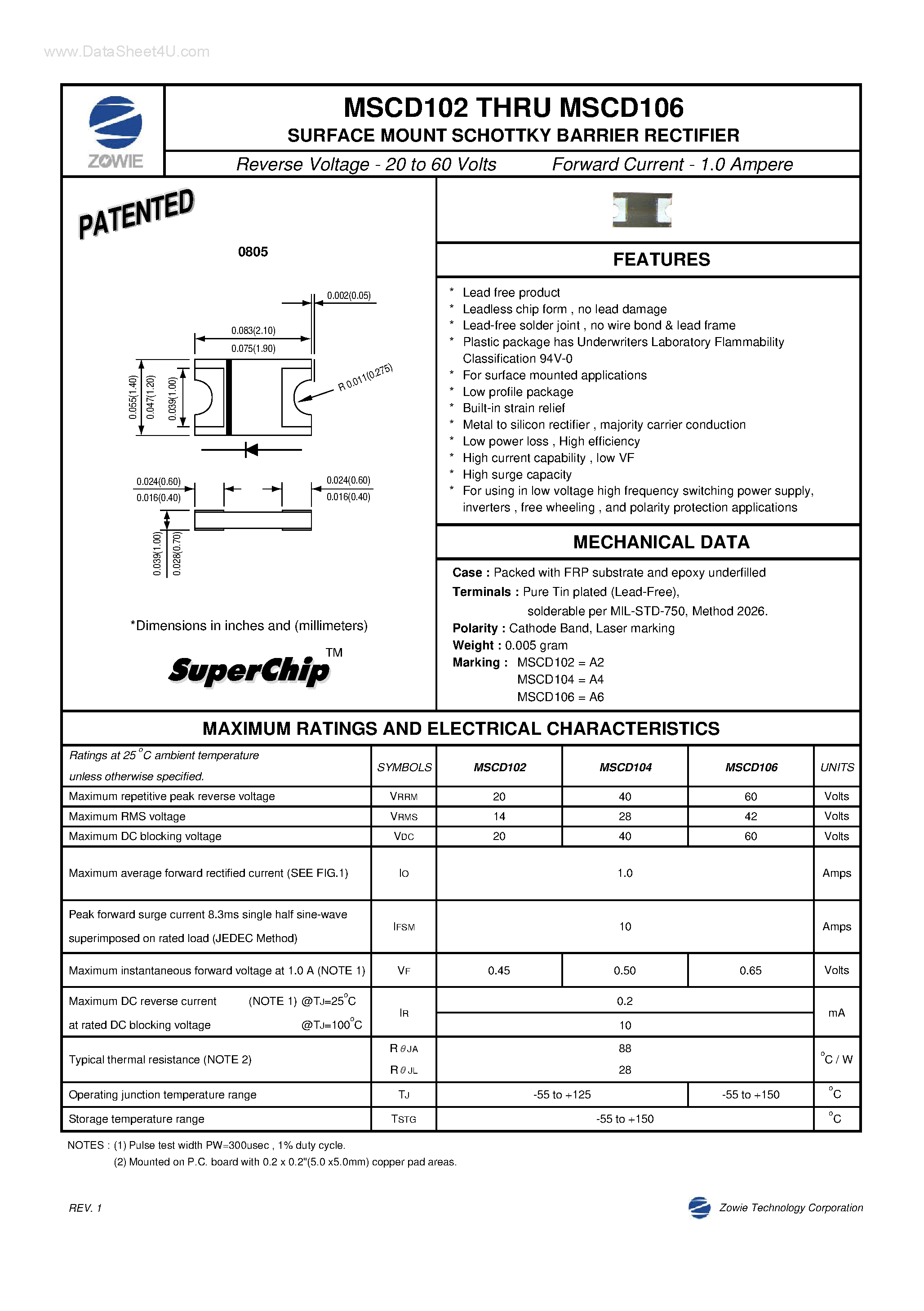 Даташит MSCD102 - (MSCD102 - MSCD106) SURFACE MOUNT SCHOTTKY BARRIER RECTIFIER страница 1