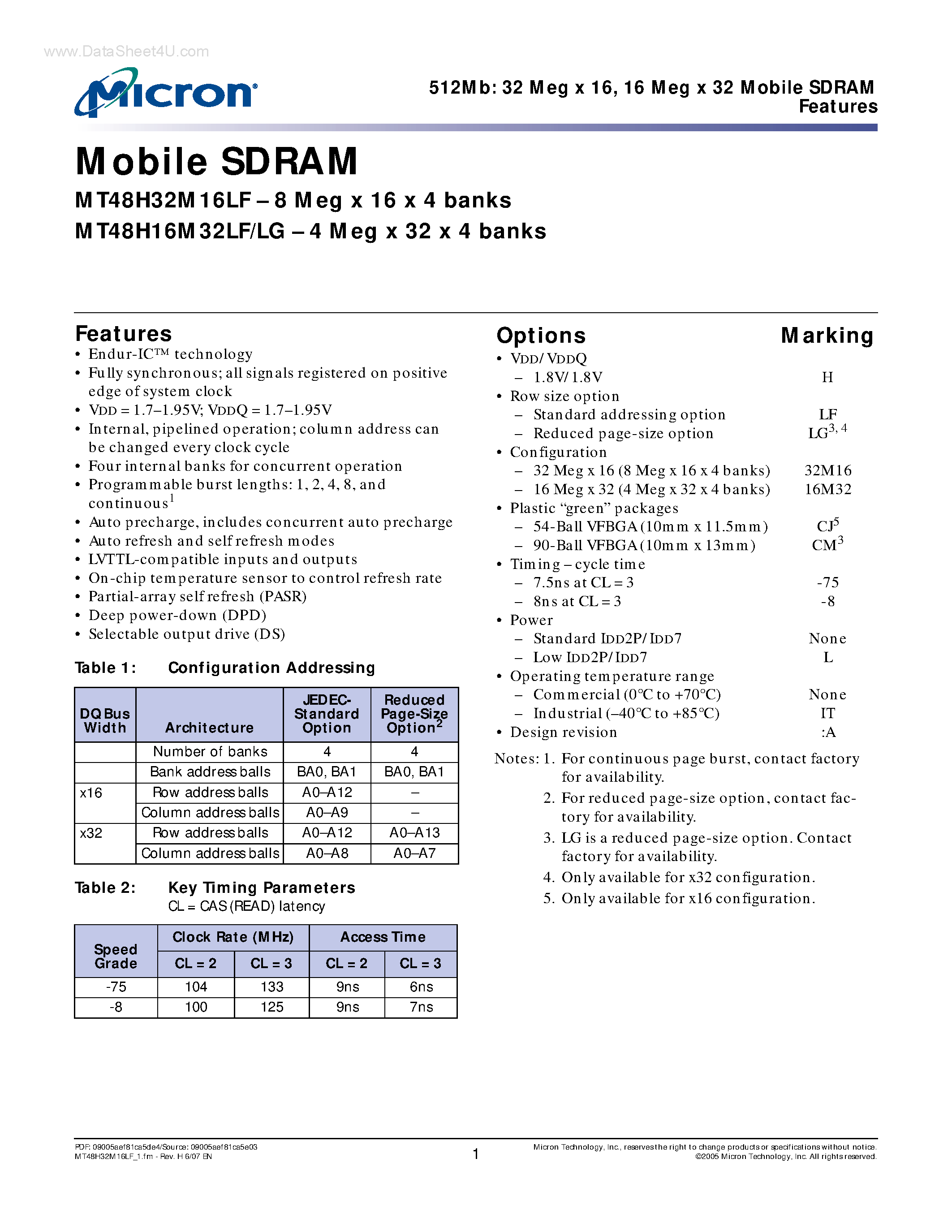 Datasheet MT48H16M16LF - (MT48H16M16LF / MT48H16M32LF) 16 Meg x 32 Mobile SDRAM page 1
