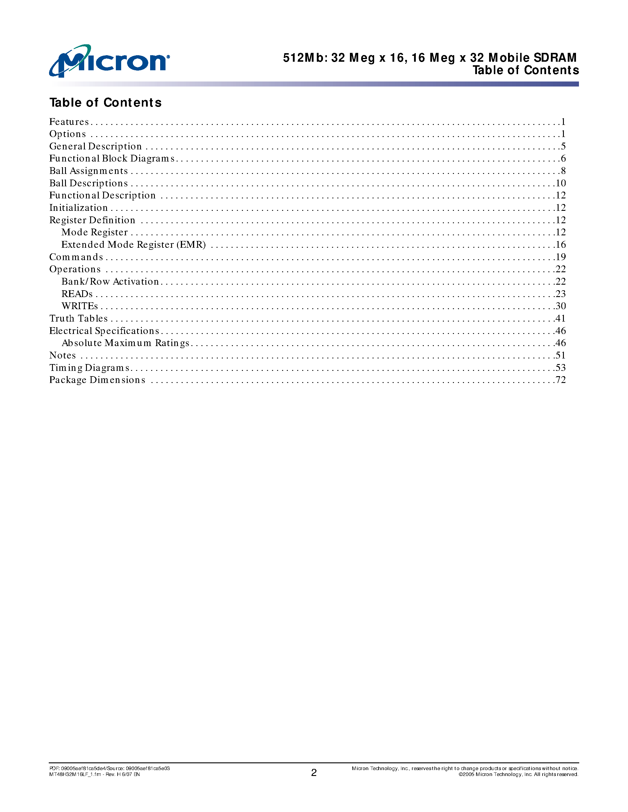 Datasheet MT48H16M16LF - (MT48H16M16LF / MT48H16M32LF) 16 Meg x 32 Mobile SDRAM page 2