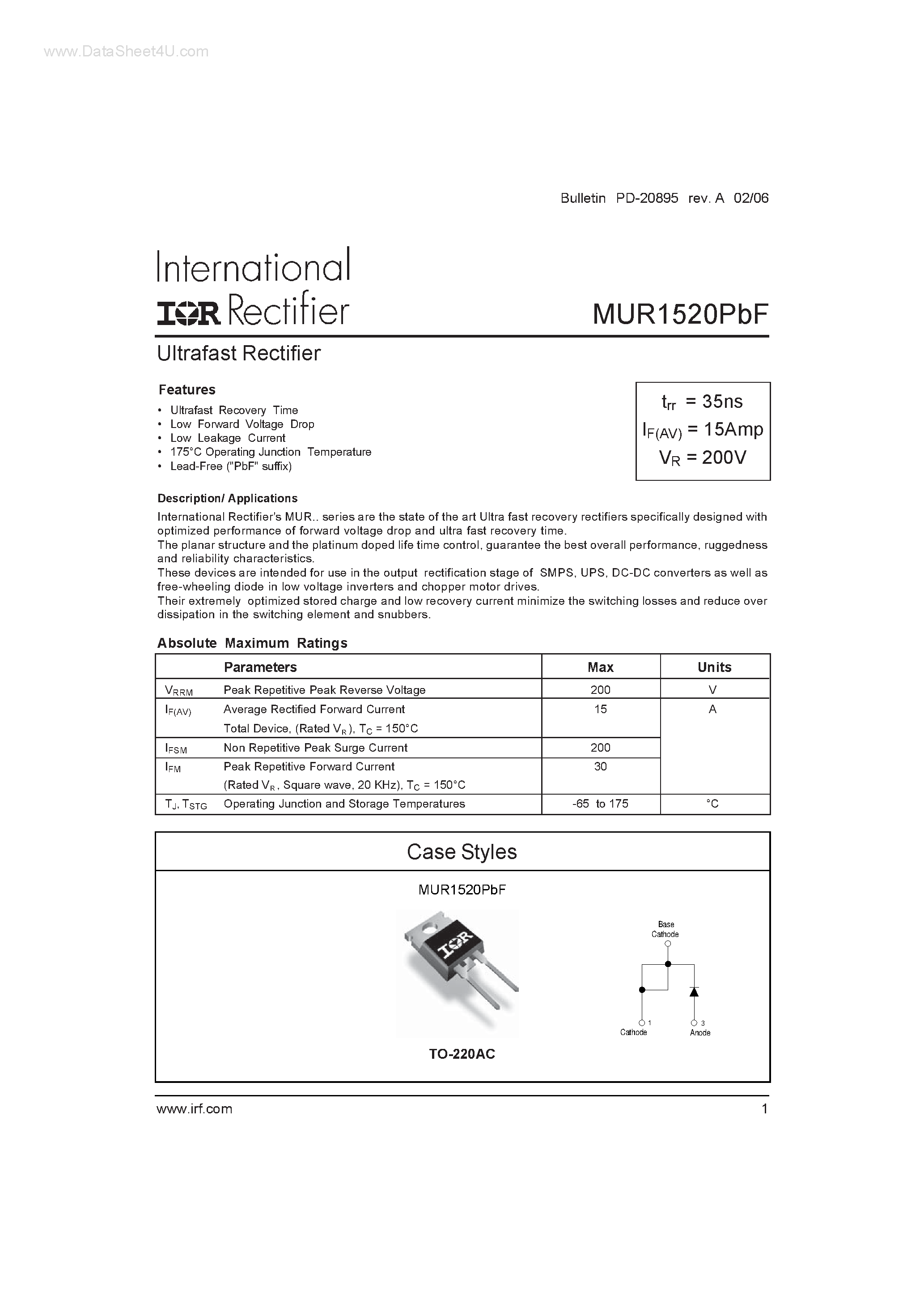 Datasheet MUR1520PBF - Ultrafast Rectifier page 1