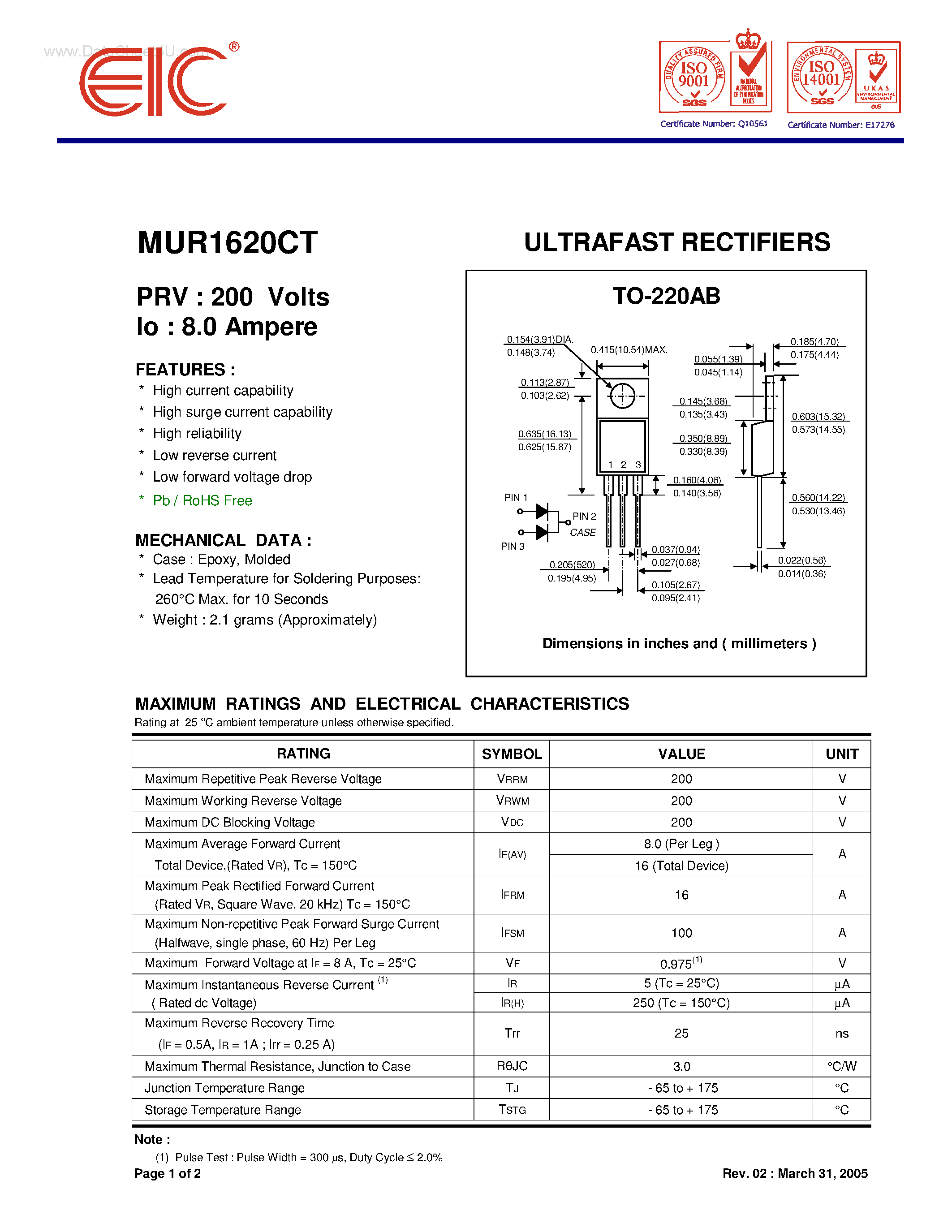 Datasheet MUR1620CT page 1 Datasheet MUR1620CT - ULTRAFAST RECTIFIERS page 1