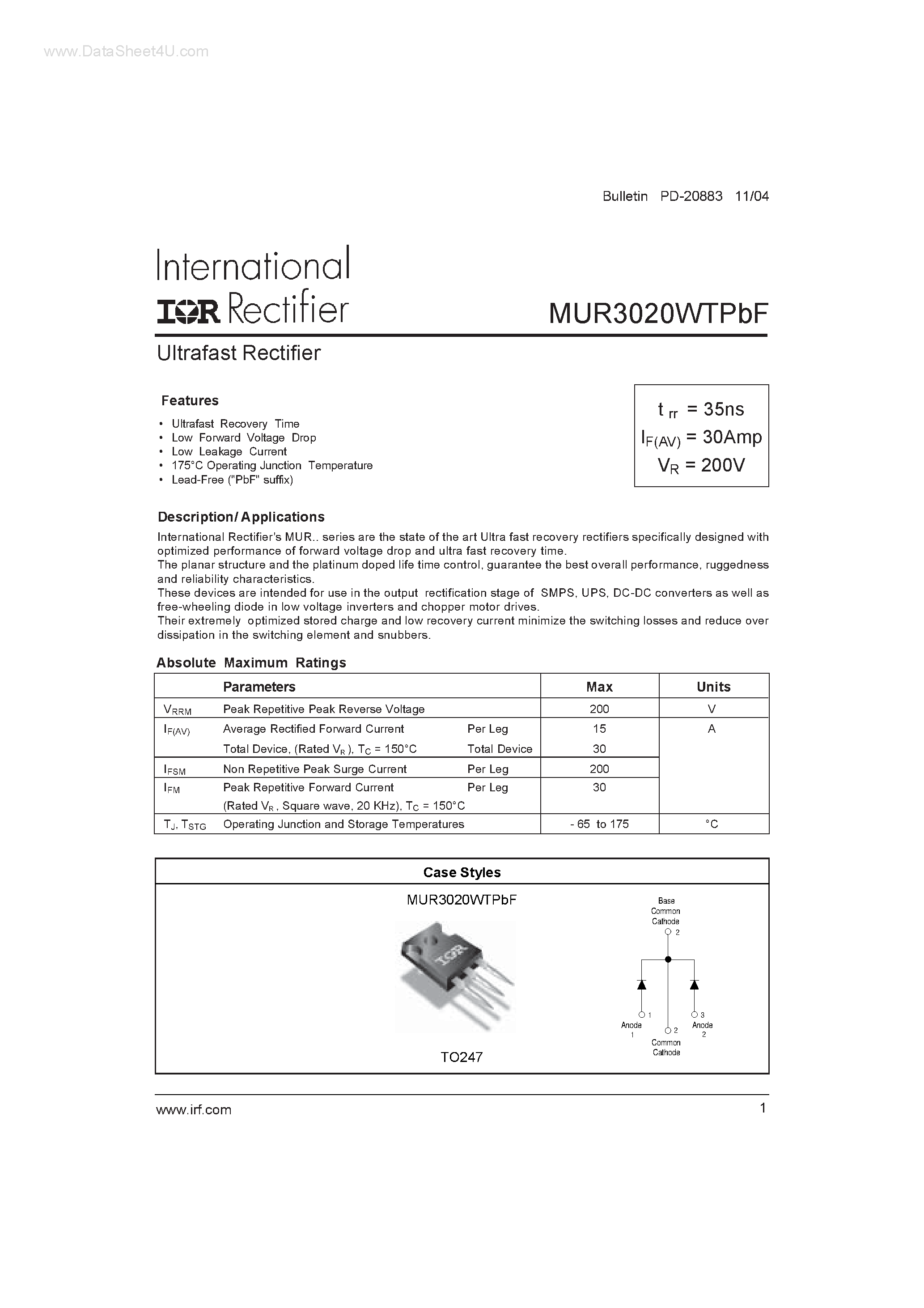 Datasheet MUR3020WTPBF - Ultrafast Rectifier page 1