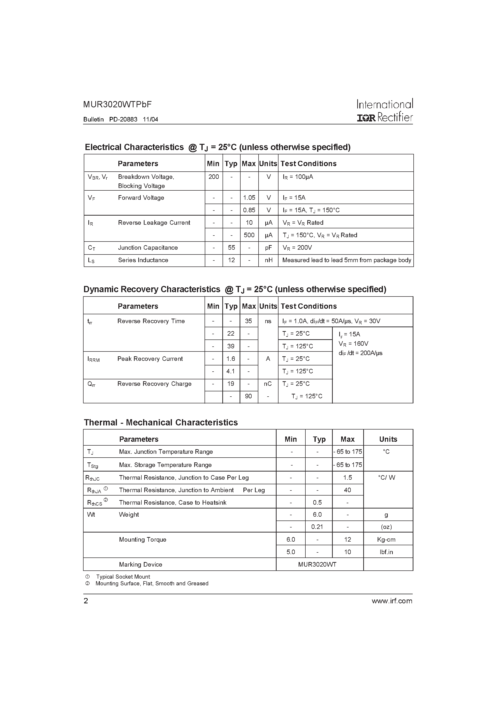 Datasheet MUR3020WTPBF - Ultrafast Rectifier page 2