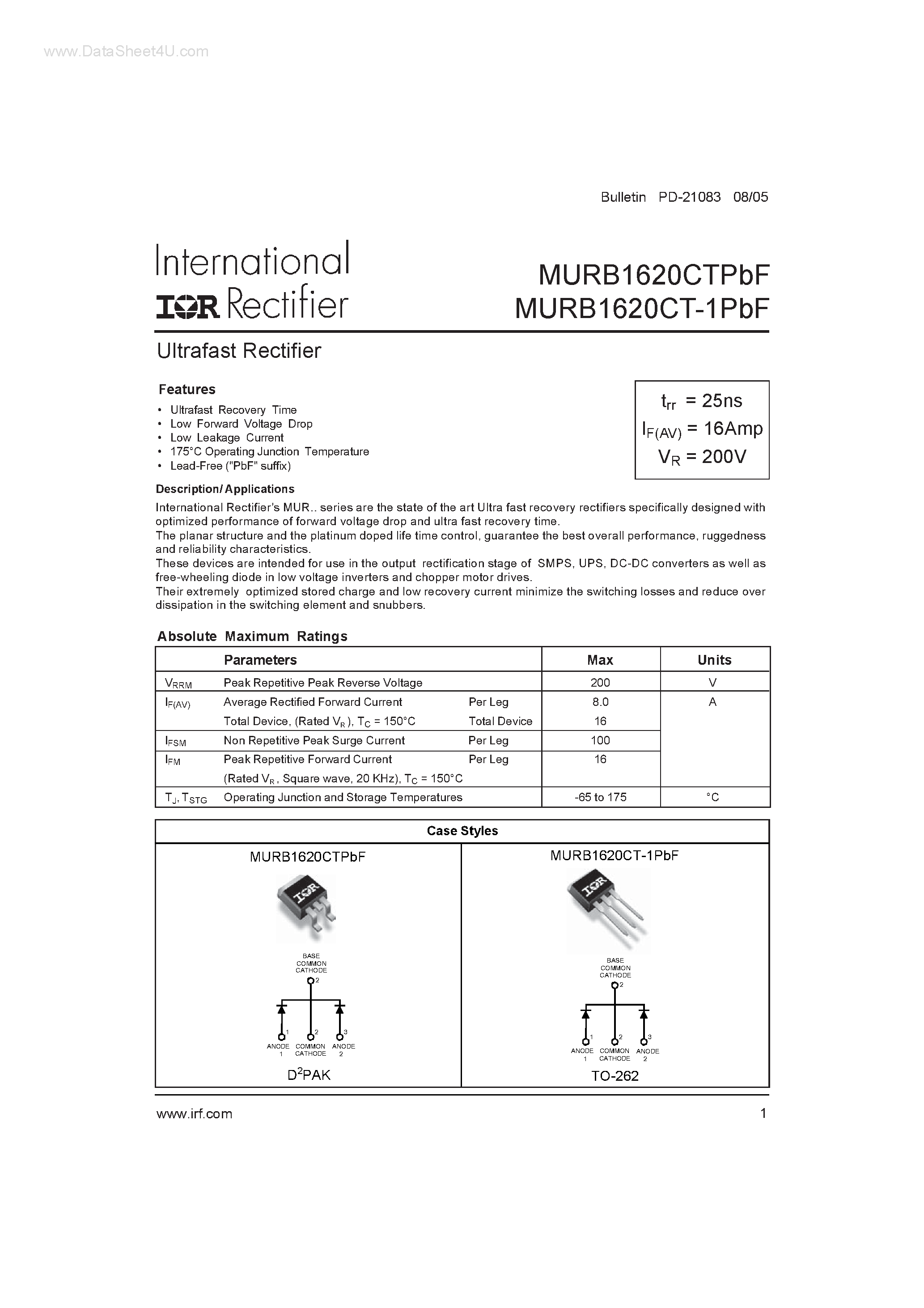 Datasheet MURB1620CT-1PBF - Ultrafast Rectifier page 1