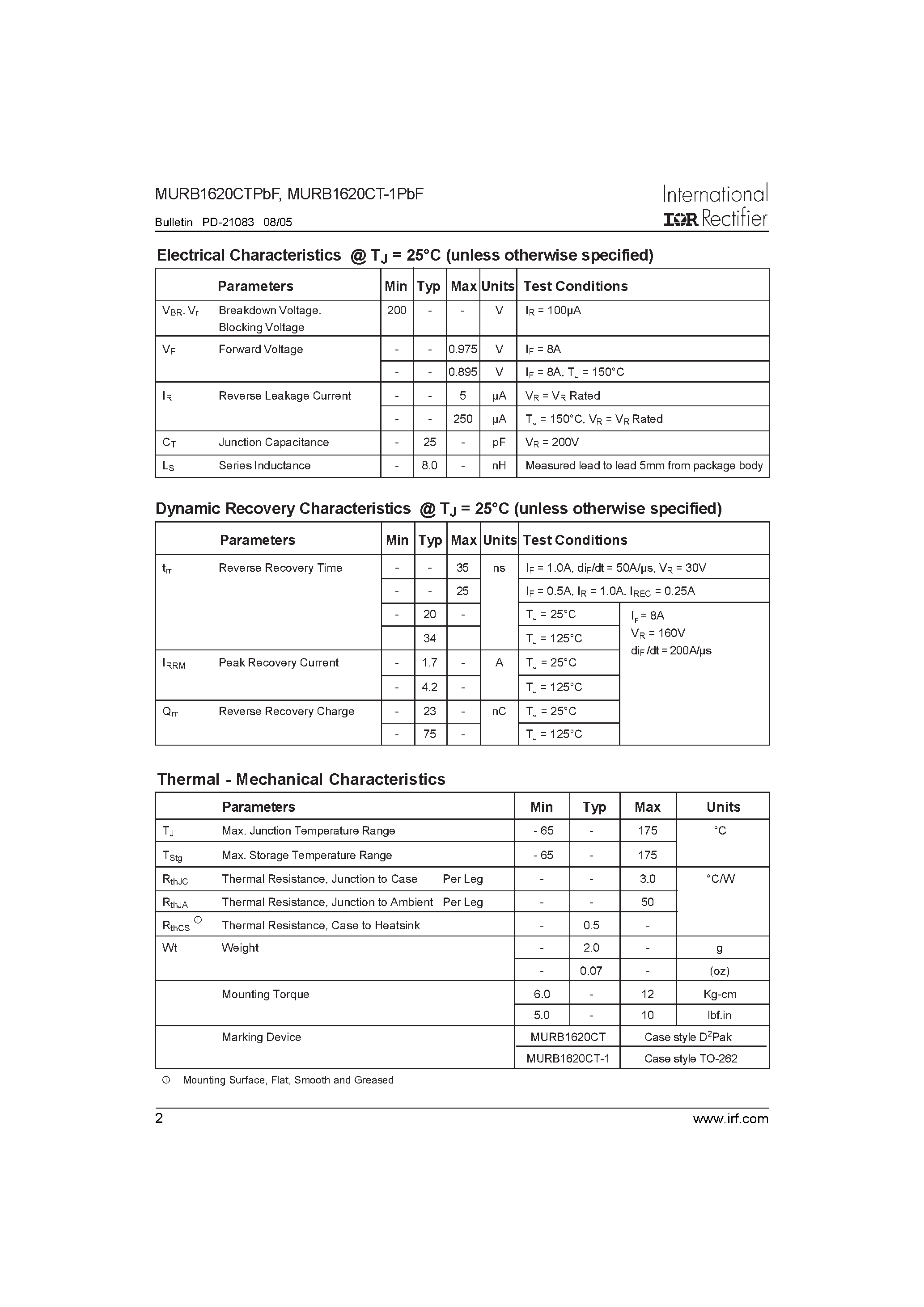 Datasheet MURB1620CT-1PBF - Ultrafast Rectifier page 2