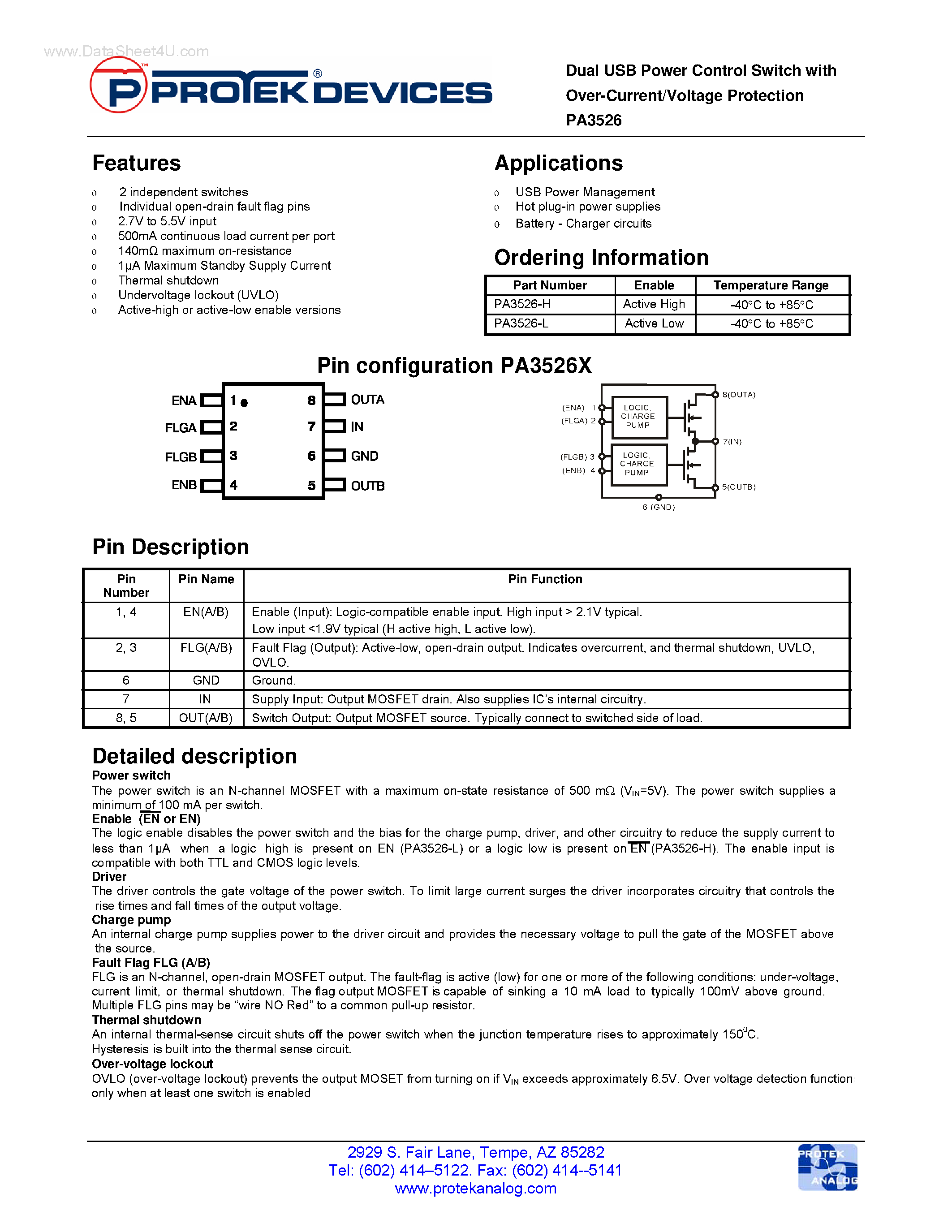 Datasheet PA3526 page 1 Datasheet PA3526 - Dual USB Power Control Switch page 1