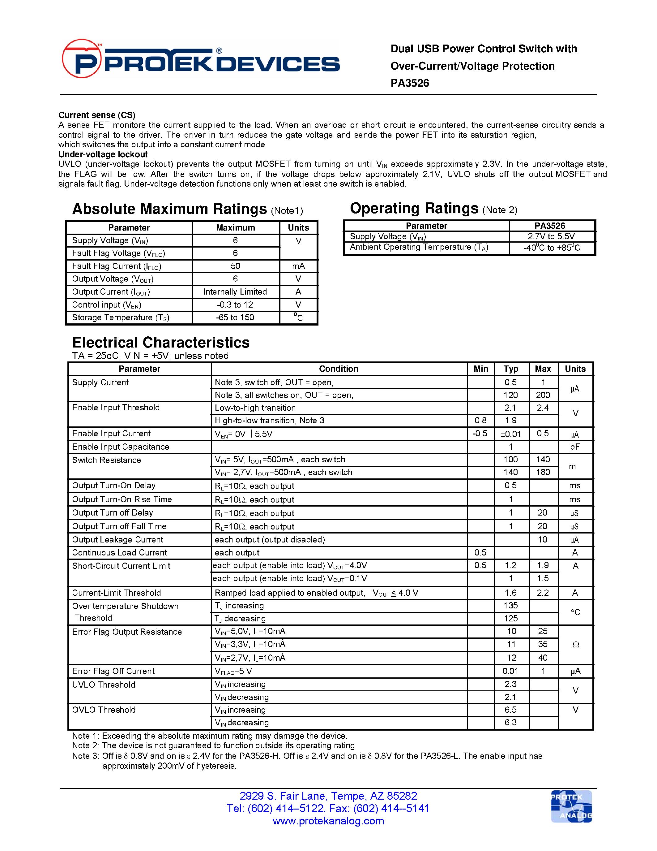 Datasheet PA3526 page 2 Datasheet PA3526 - Dual USB Power Control Switch page 2