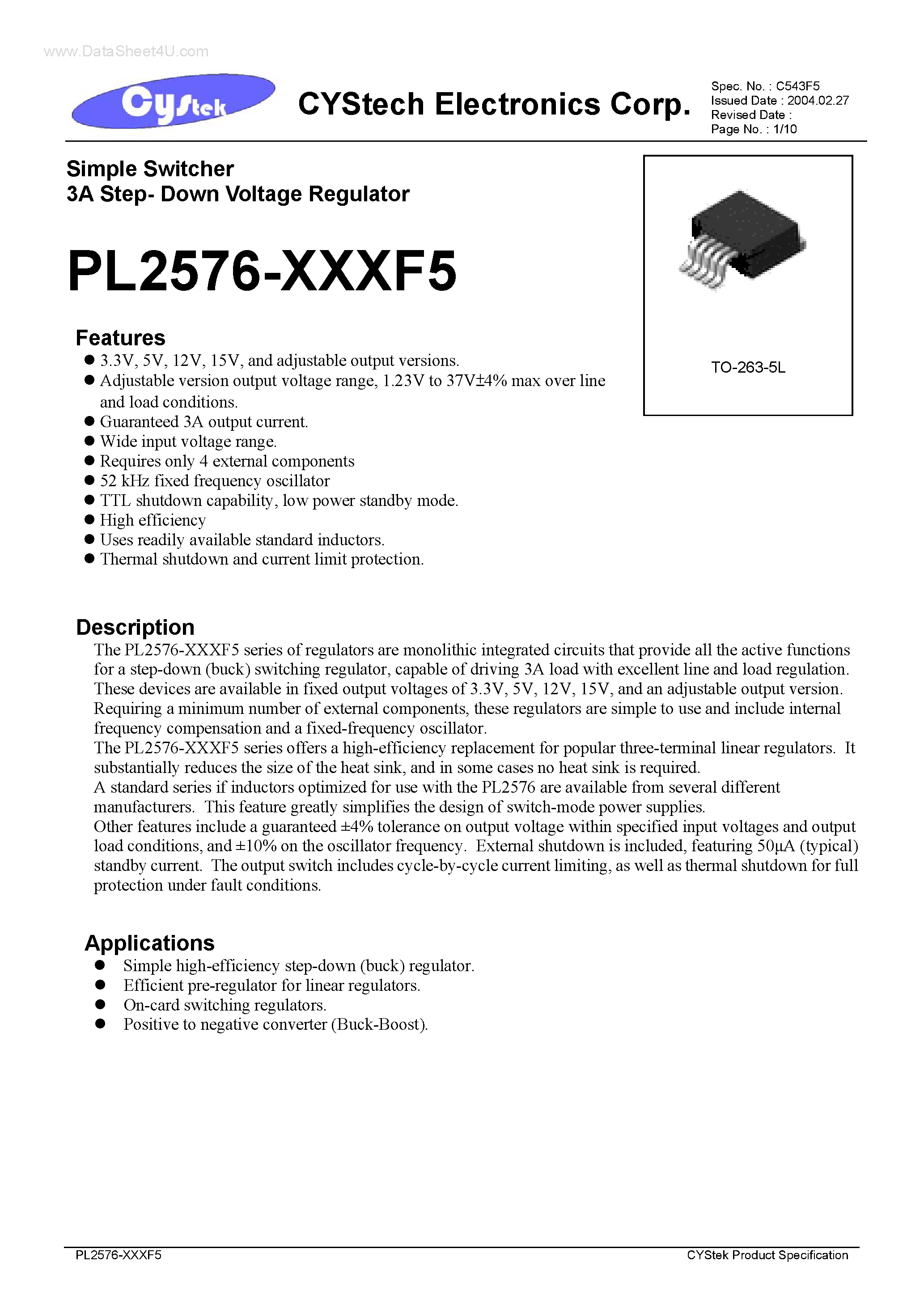 Datasheet PL2576-xxxF5 page 1 Datasheet PL2576-xxxF5 - Simple Switcher 3A Step- Down Voltage Regulator page 1