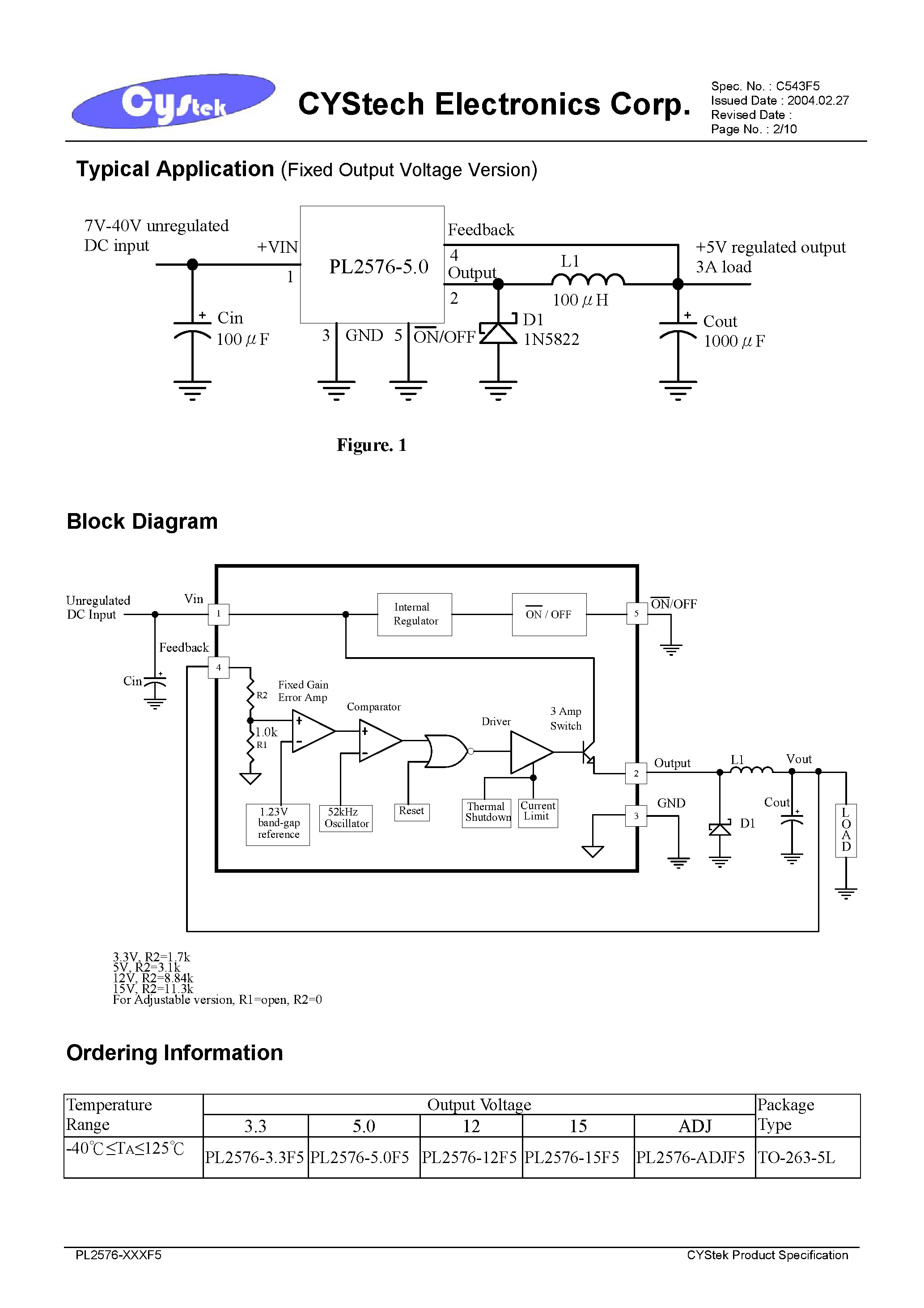 Datasheet PL2576-xxxF5 page 2 Datasheet PL2576-xxxF5 - Simple Switcher 3A Step- Down Voltage Regulator page 2