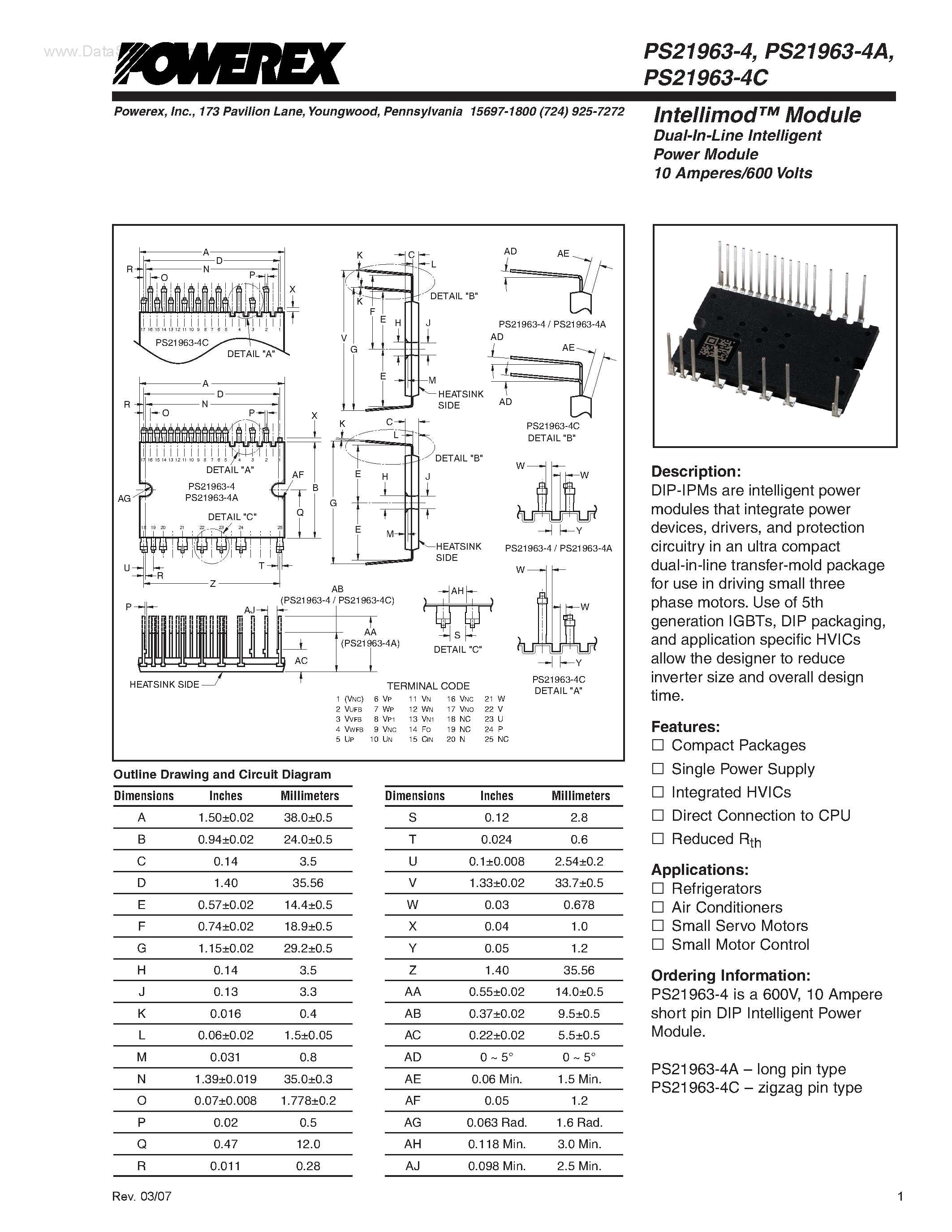 Datasheet PS21963-4 - (PS21963-xx) Module Dual-In-Line Intelligent Power Module 10 Amperes/600 Volts page 1