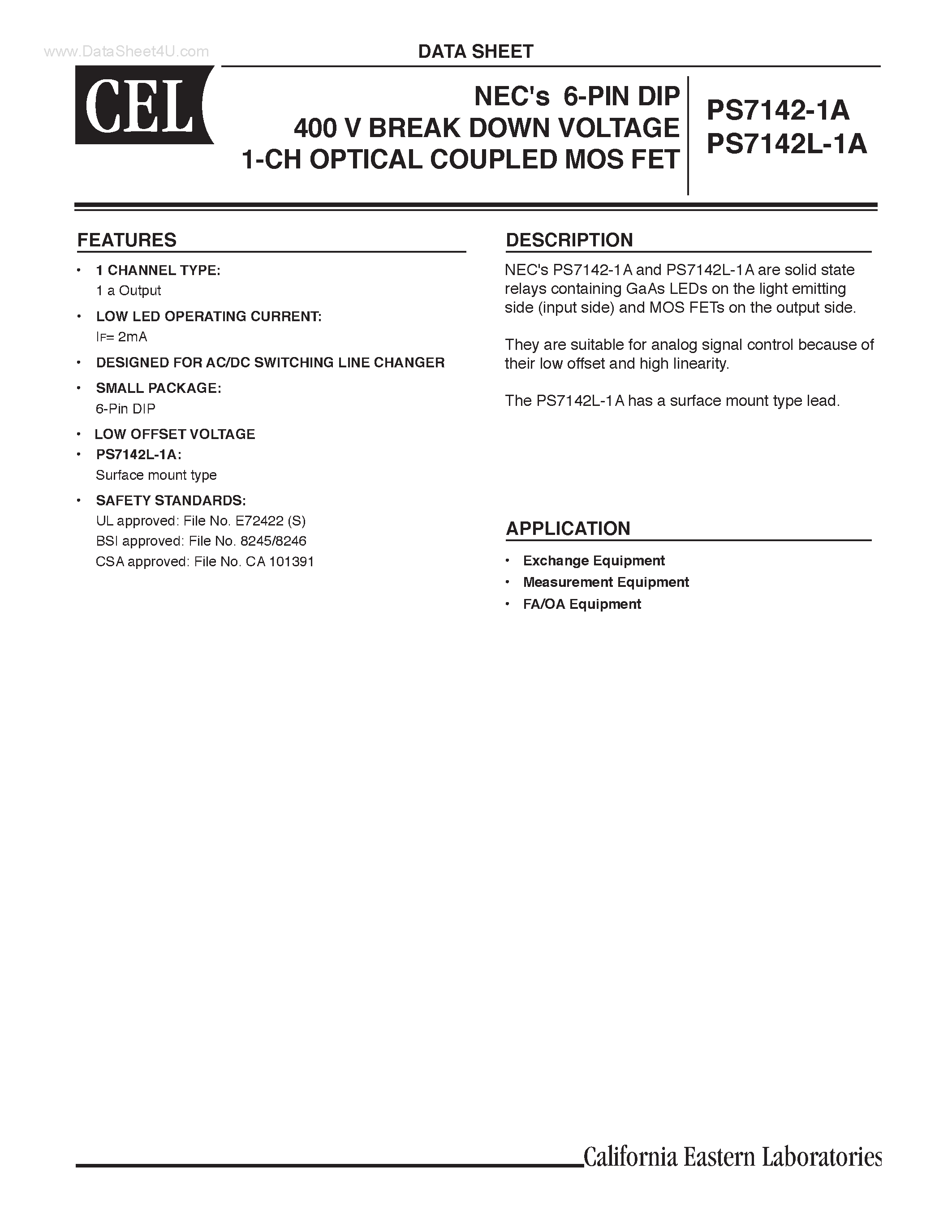 Datasheet PS7142-1A - 6-PIN DIP 400 V BREAK DOWN VOLTAGE 1-CH OPTICAL COUPLED MOS FET page 1