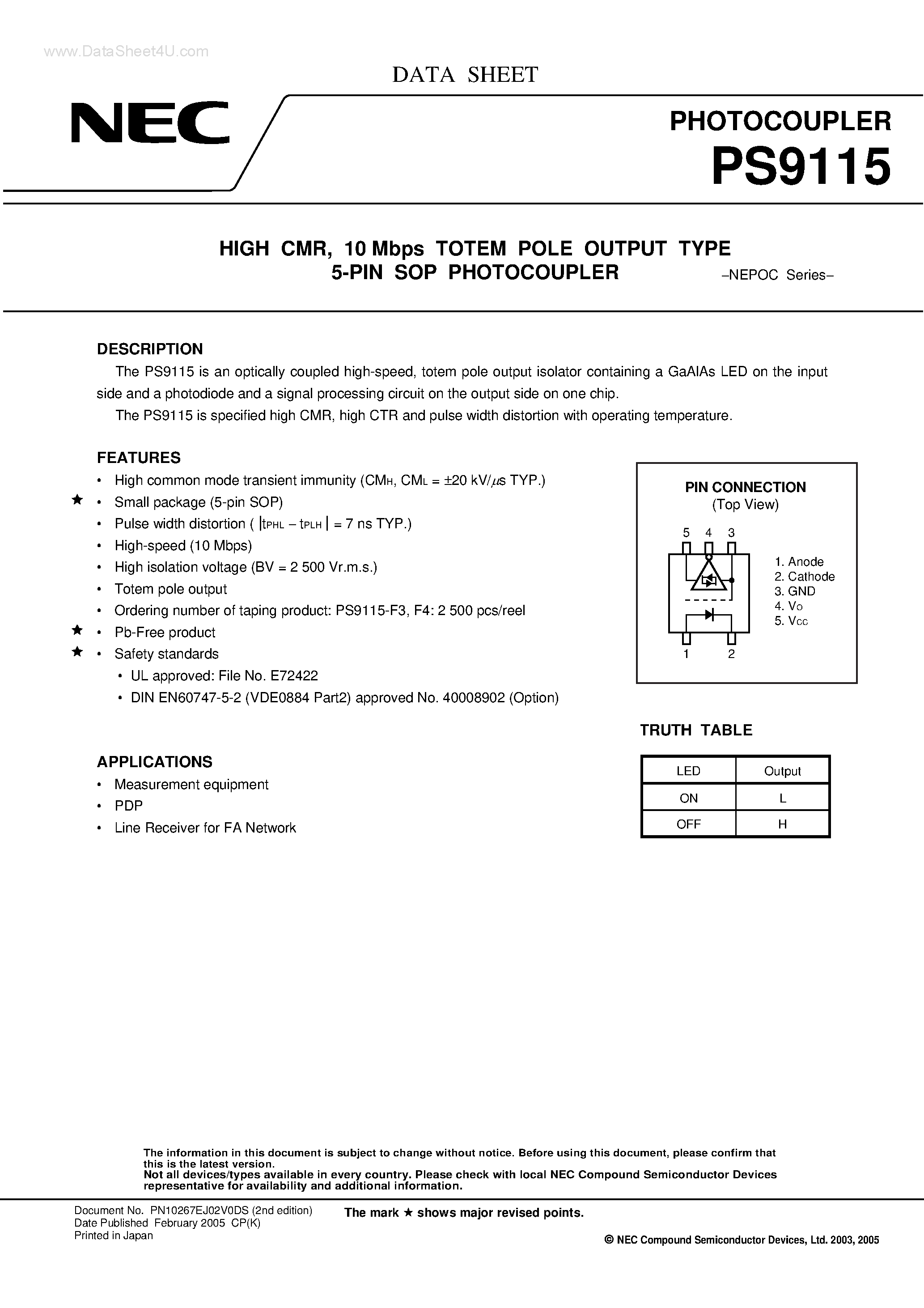 Datasheet PS9115 - 10 Mbps TOTEM POLE OUTPUT TYPE 5-PIN SOP PHOTOCOUPLER page 1