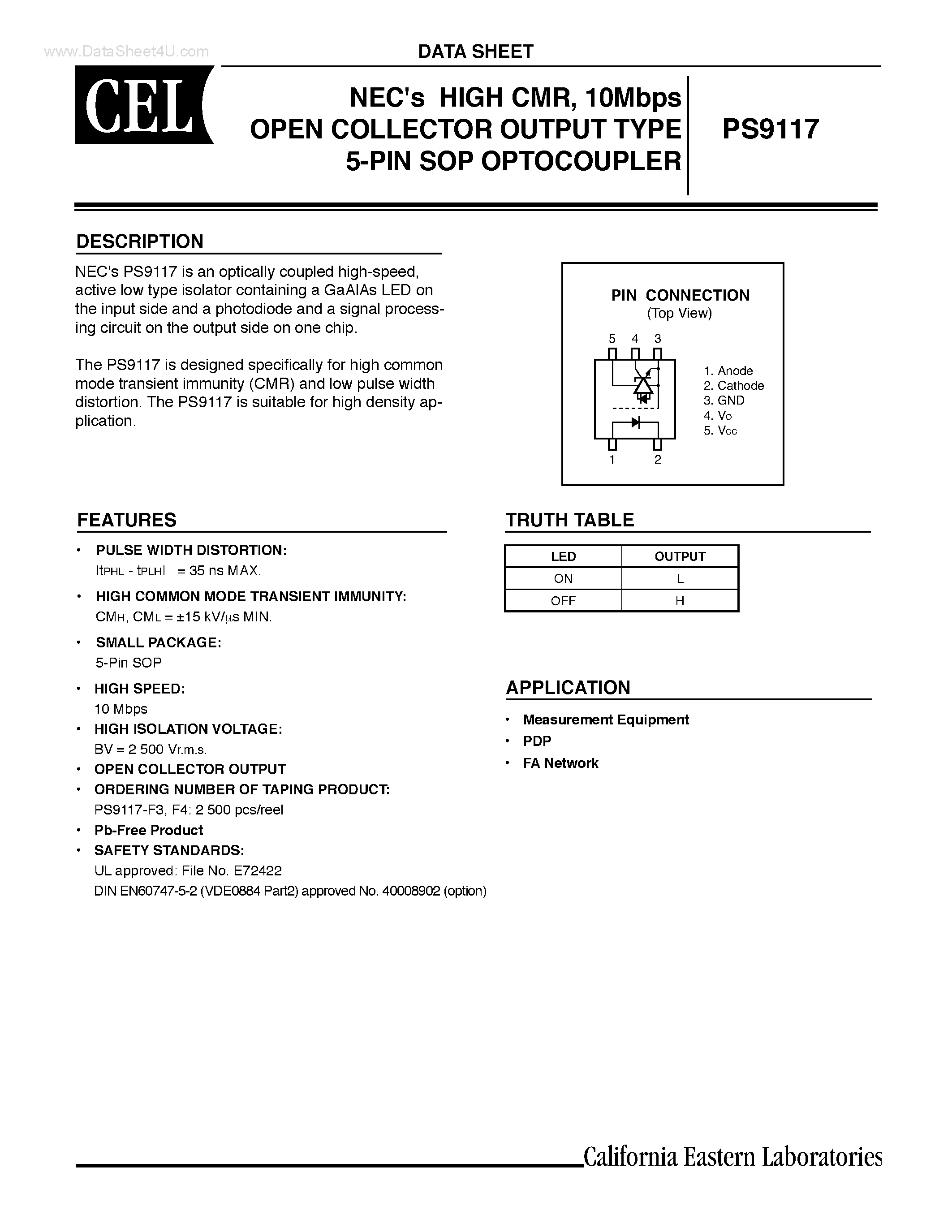 Datasheet PS9117 - 10Mbps OPEN COLLECTOR OUTPUT TYPE 5-PIN SOP OPTOCOUPLER page 1