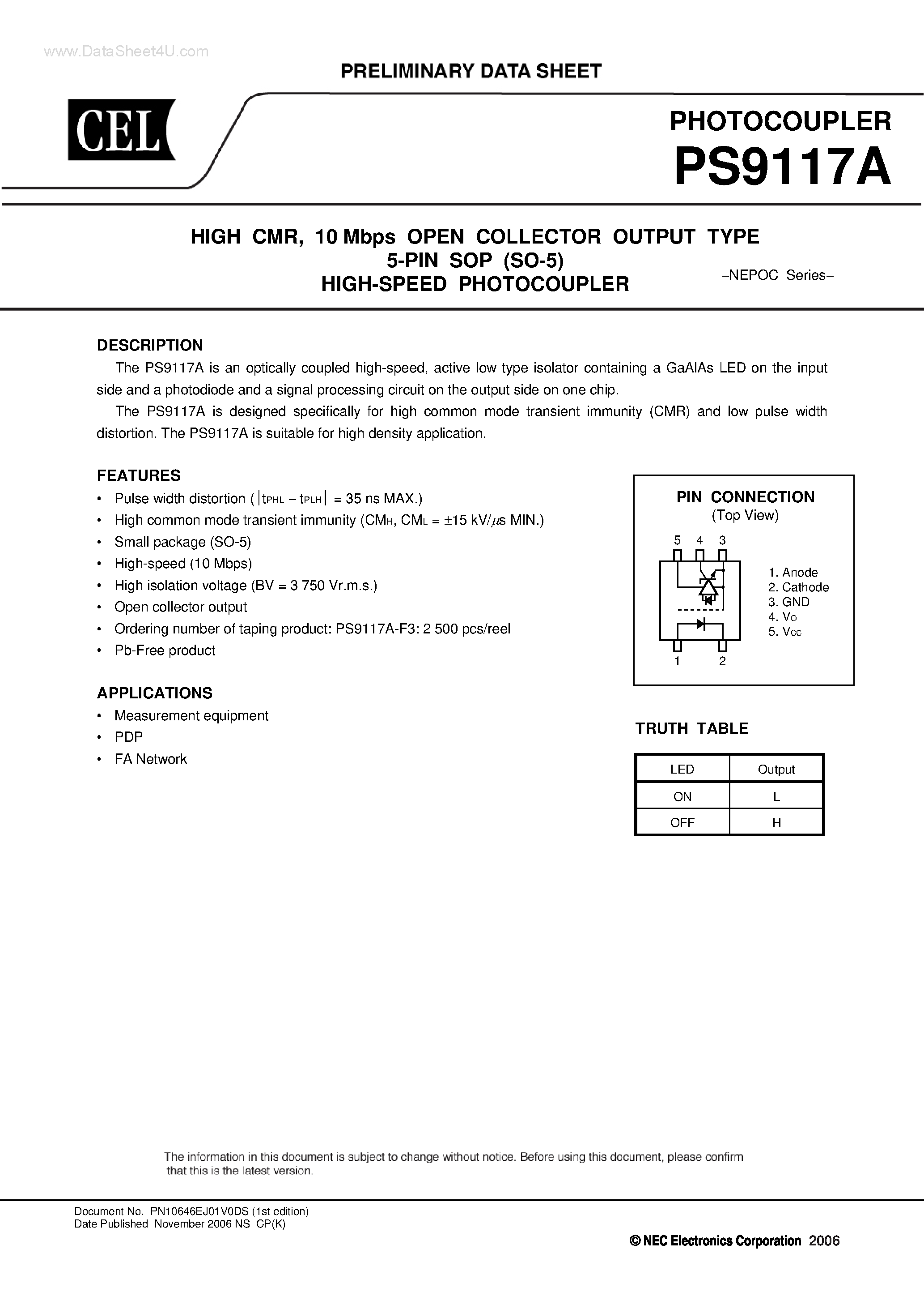 Datasheet PS9117A - 10 Mbps OPEN COLLECTOR OUTPUT TYPE 5-PIN SOP (SO-5) HIGH-SPEED PHOTOCOUPLER page 1