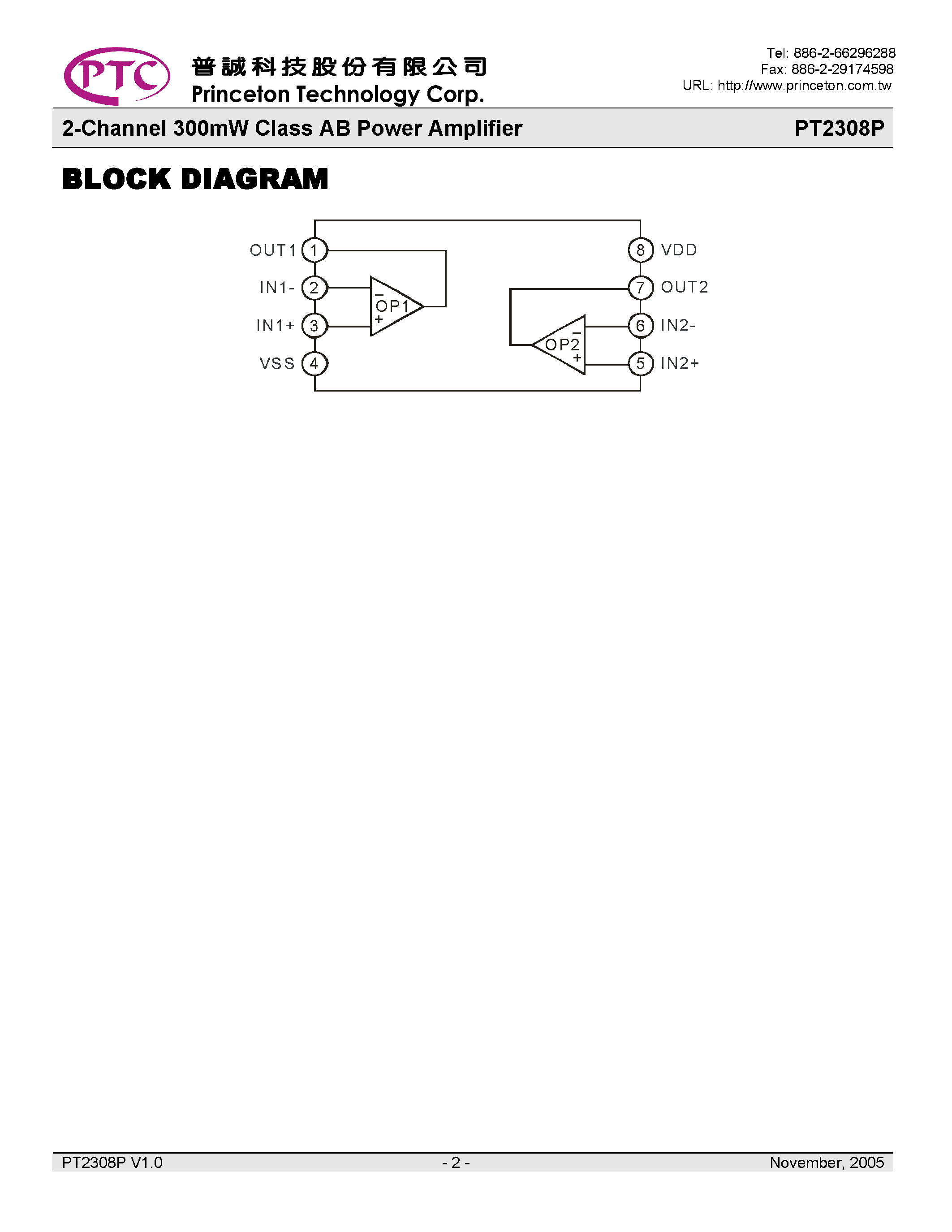 Datasheet PT2308P - 2-Channel 300mW Class AB Power Amplifier page 2