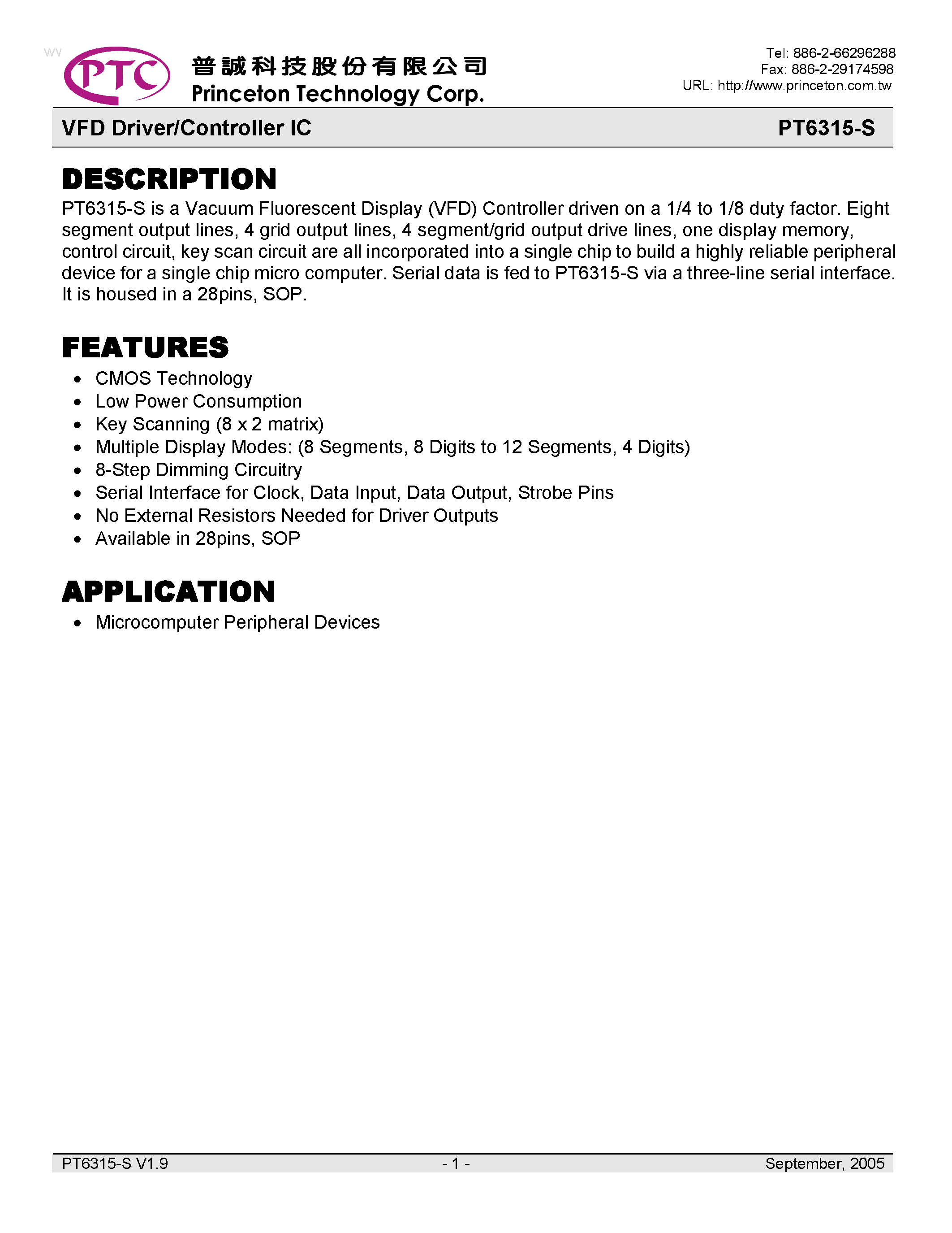 Datasheet PT6315-S page 1 Datasheet PT6315-S - VFD Driver/Controller IC page 1