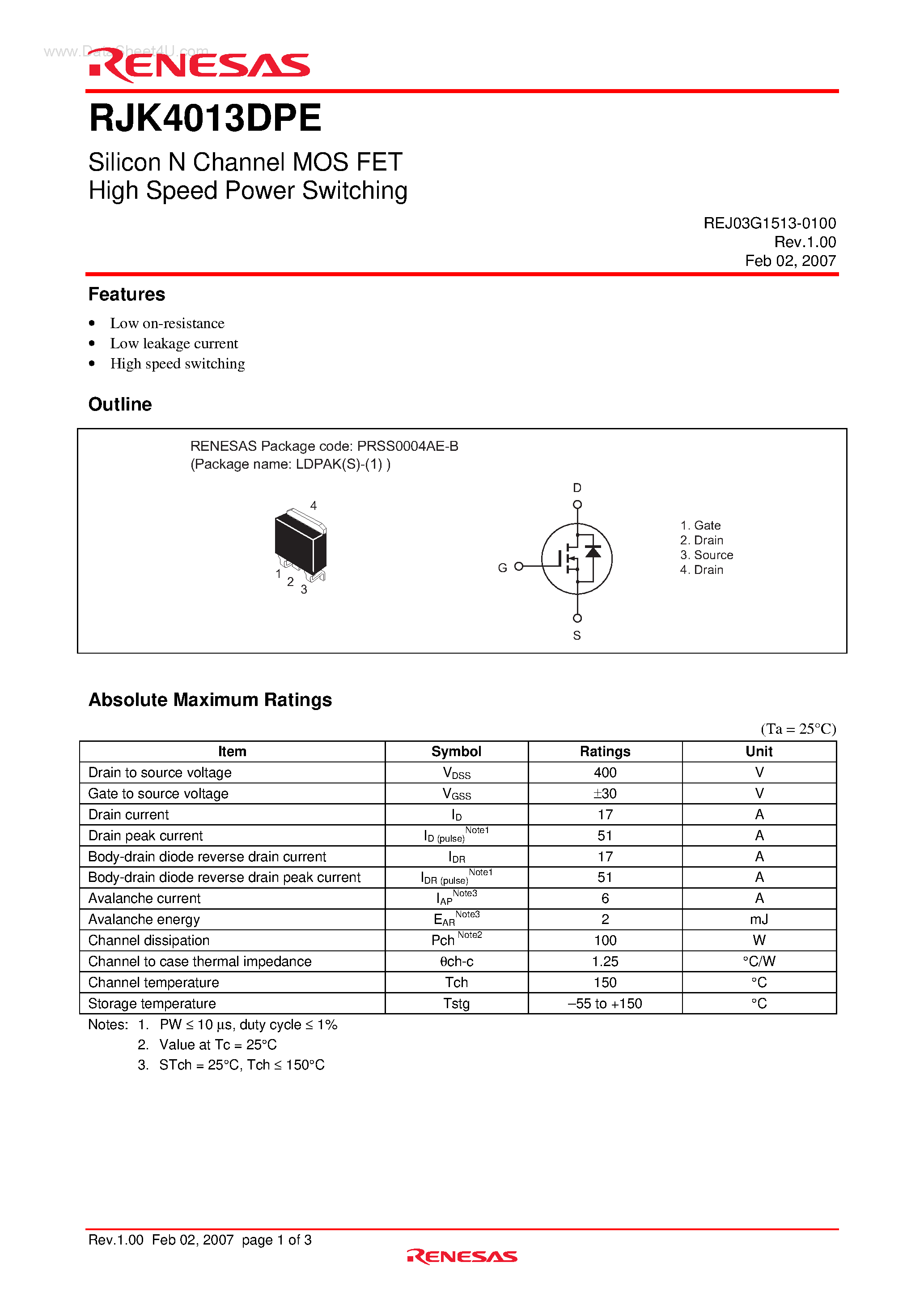 Даташит на микросхему RJK4013DPE страница 1 Даташит RJK4013DPE - Silicon N Channel MOS FET High Speed Power Switching страница 1