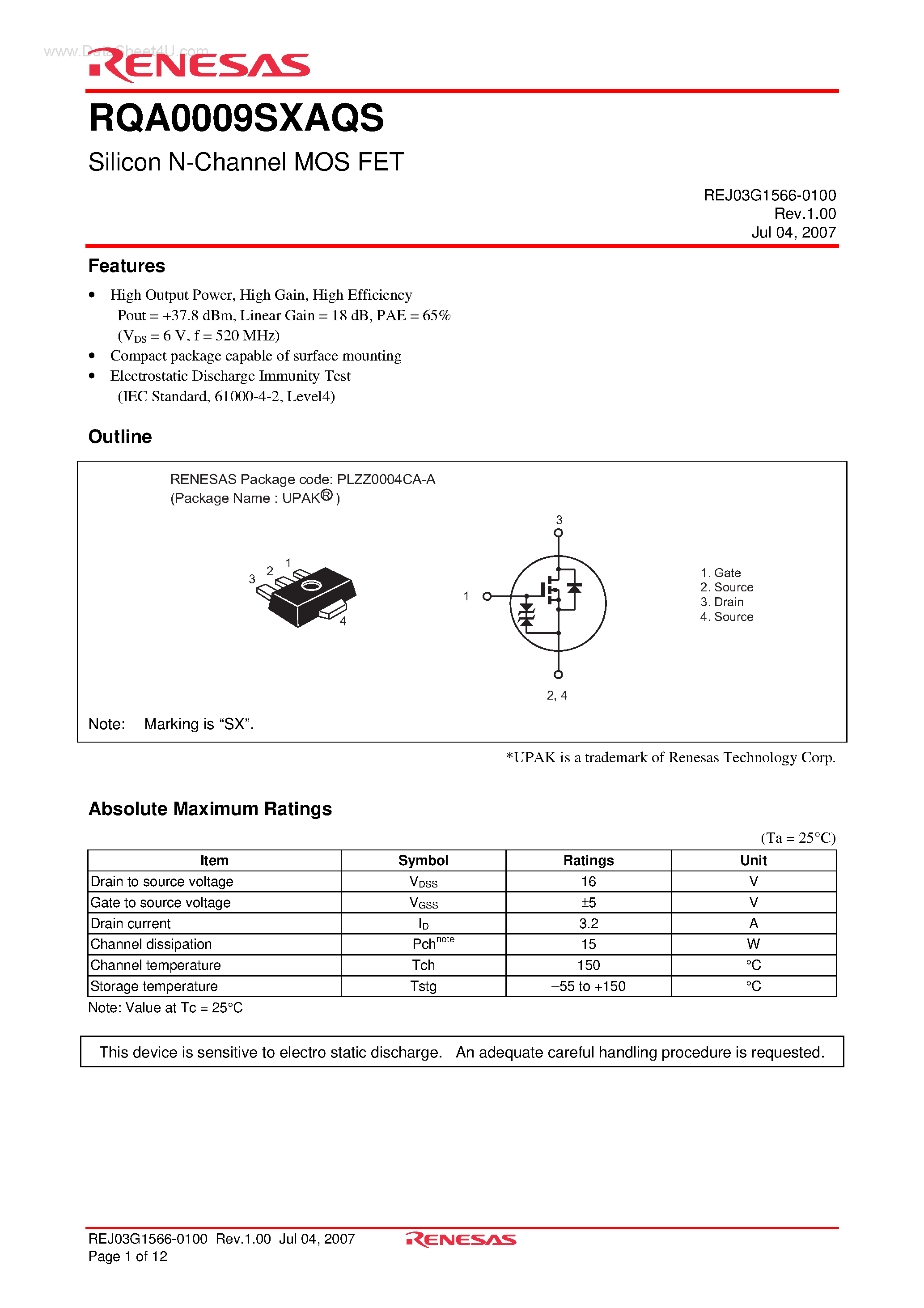 Datasheet RQA0009SXAQS - Silicon N-Channel MOS FET page 1