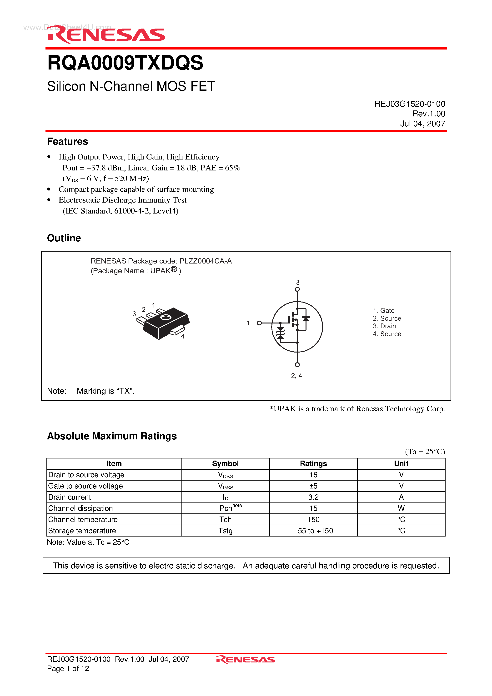 Datasheet RQA0009TXDQS - Silicon N-Channel MOS FET page 1