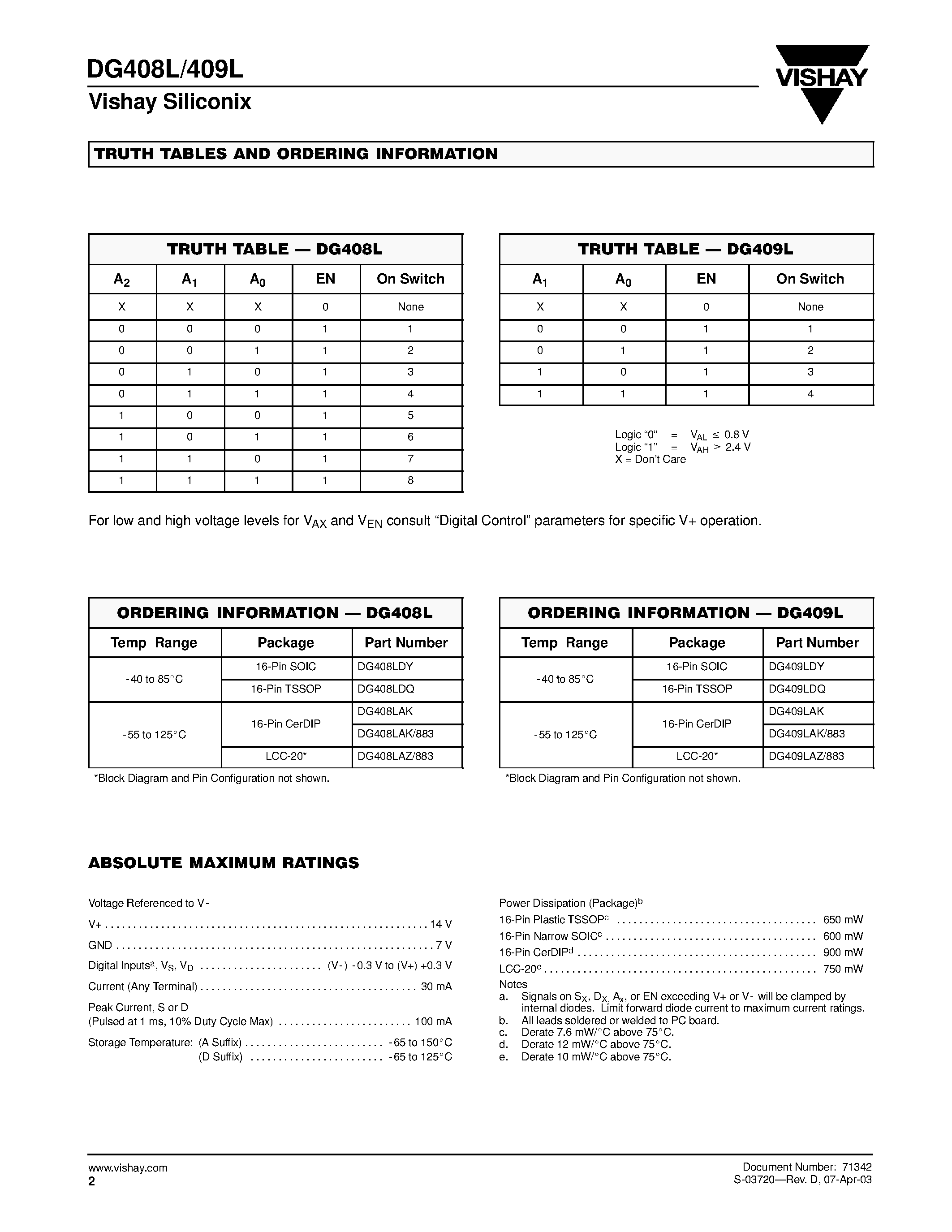 Datasheet DG408L - (DG408L / DG409L) Precision 8-Ch/Dual 4-Ch Low Voltage Analog Multiplexers page 2