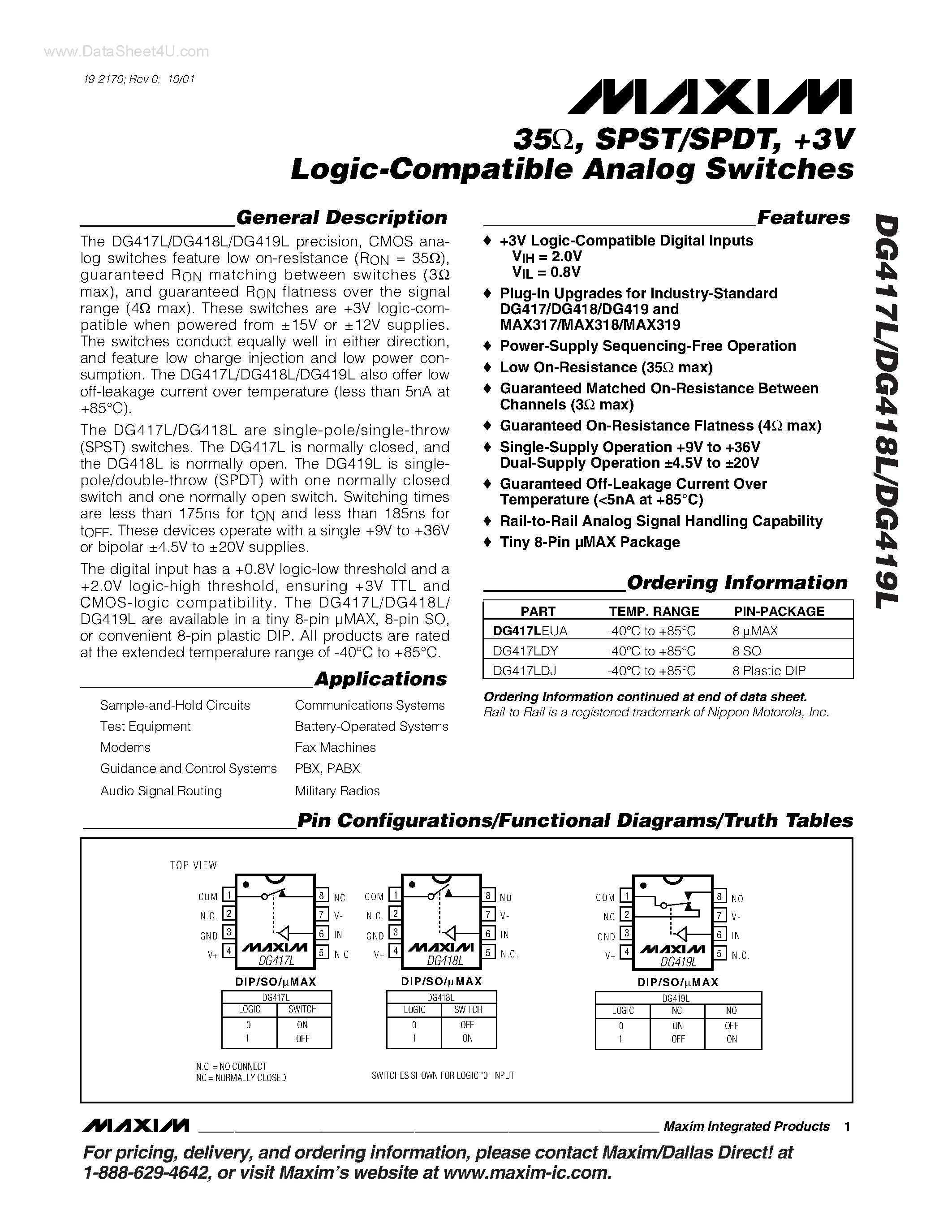 Даташит DG417L - (DG417L - DG419L) Logic-compatible Analog Switches страница 1