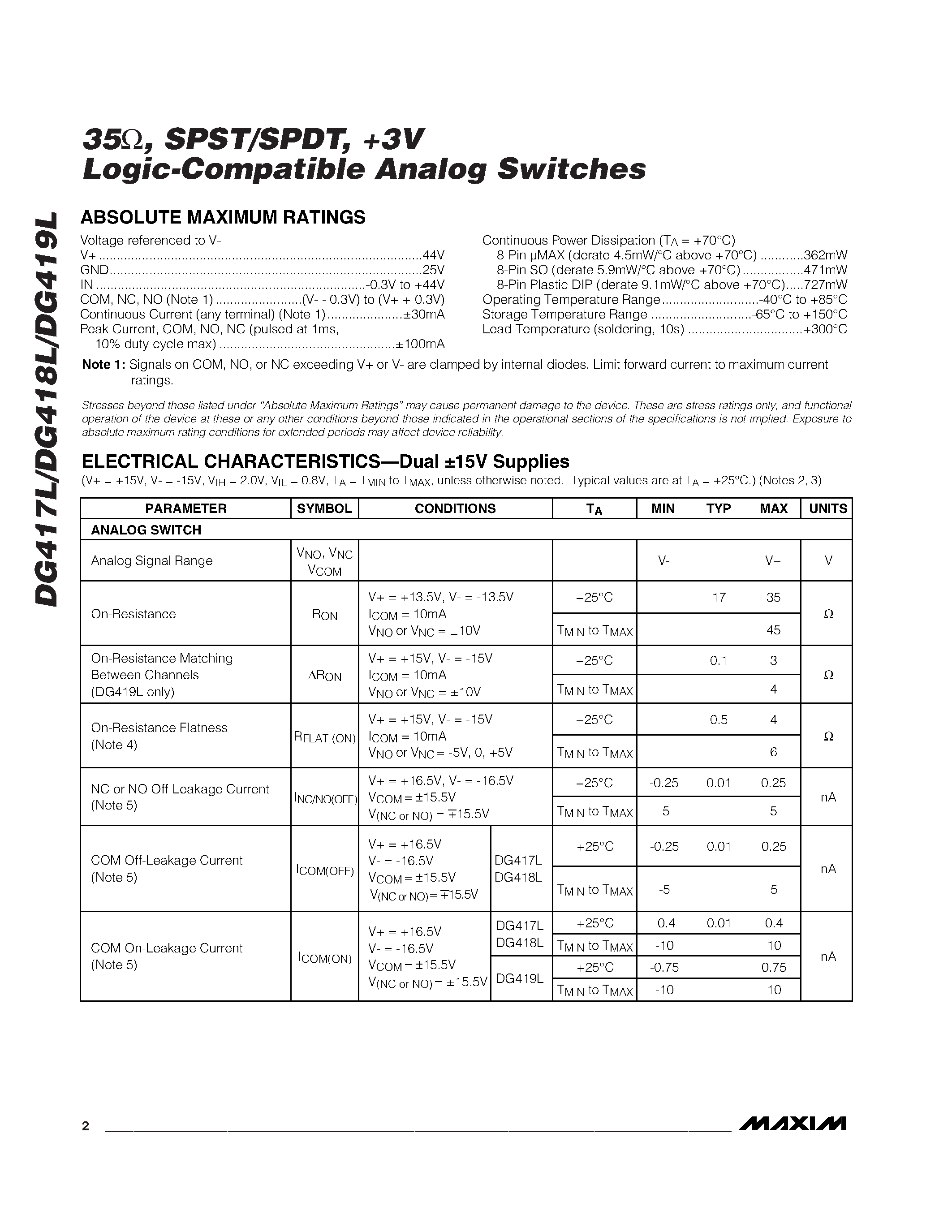 Даташит DG417L - (DG417L - DG419L) Logic-compatible Analog Switches страница 2
