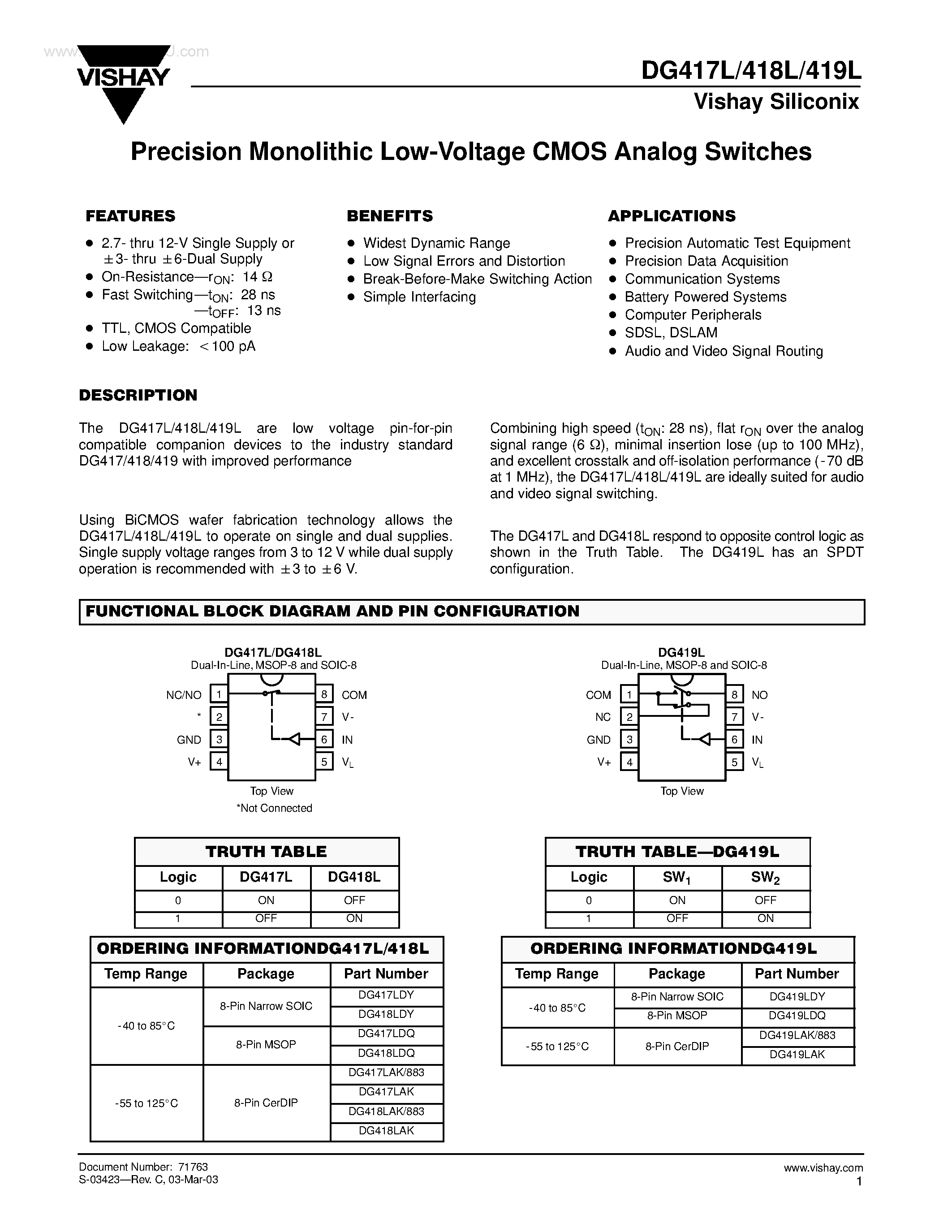 Даташит на микросхему DG417L страница 1 Даташит DG417L - (DG417L - DG419L) Precision Monolithic Low-Voltage CMOS Analog Switches страница 1