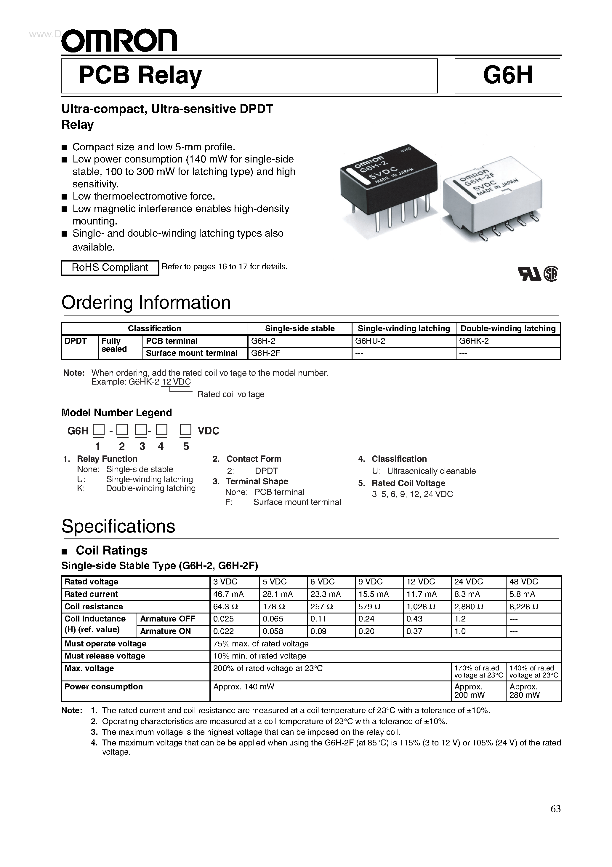 Даташит G6H - Ultra-sensitive DPDT Relay страница 1
