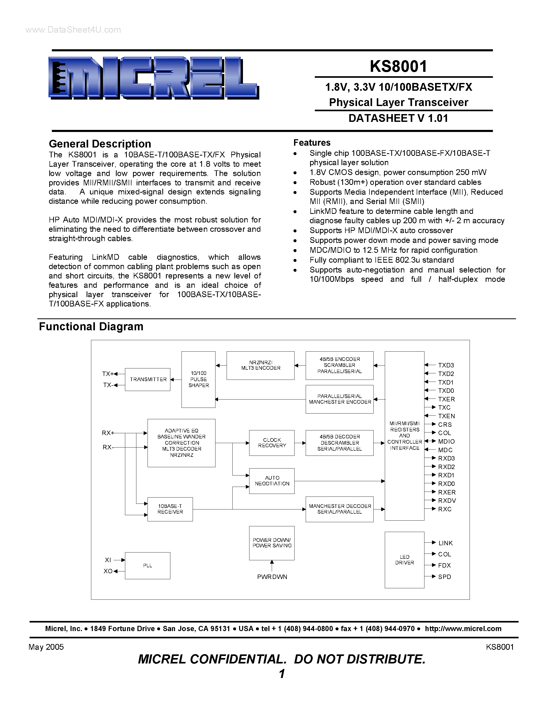 Datasheet KS8001 - 3.3V 10/100BASETX/FX Physical Layer Transceiver page 1