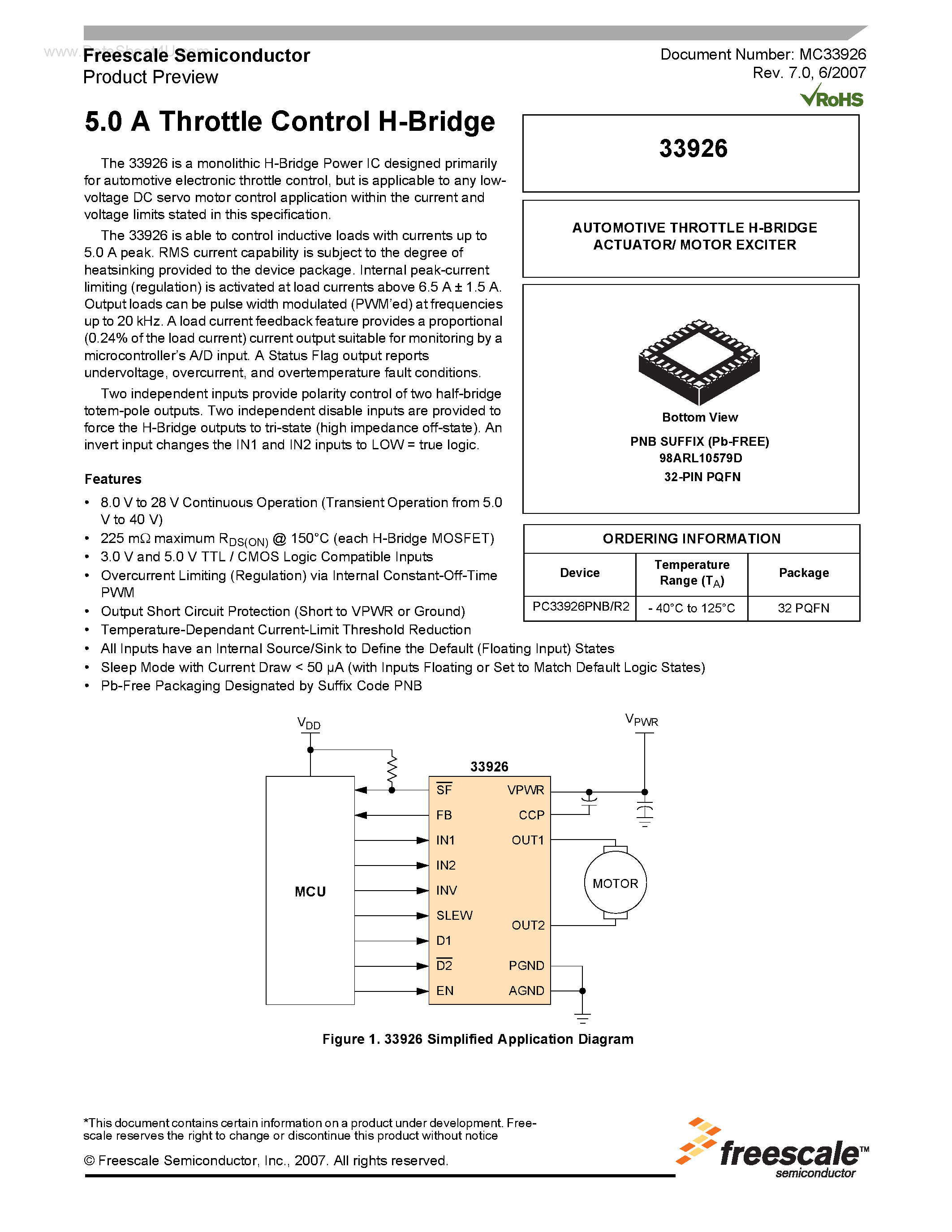 Datasheet MC33926 page 1 Datasheet MC33926 - 5.0 A Throttle Control H-Bridge page 1