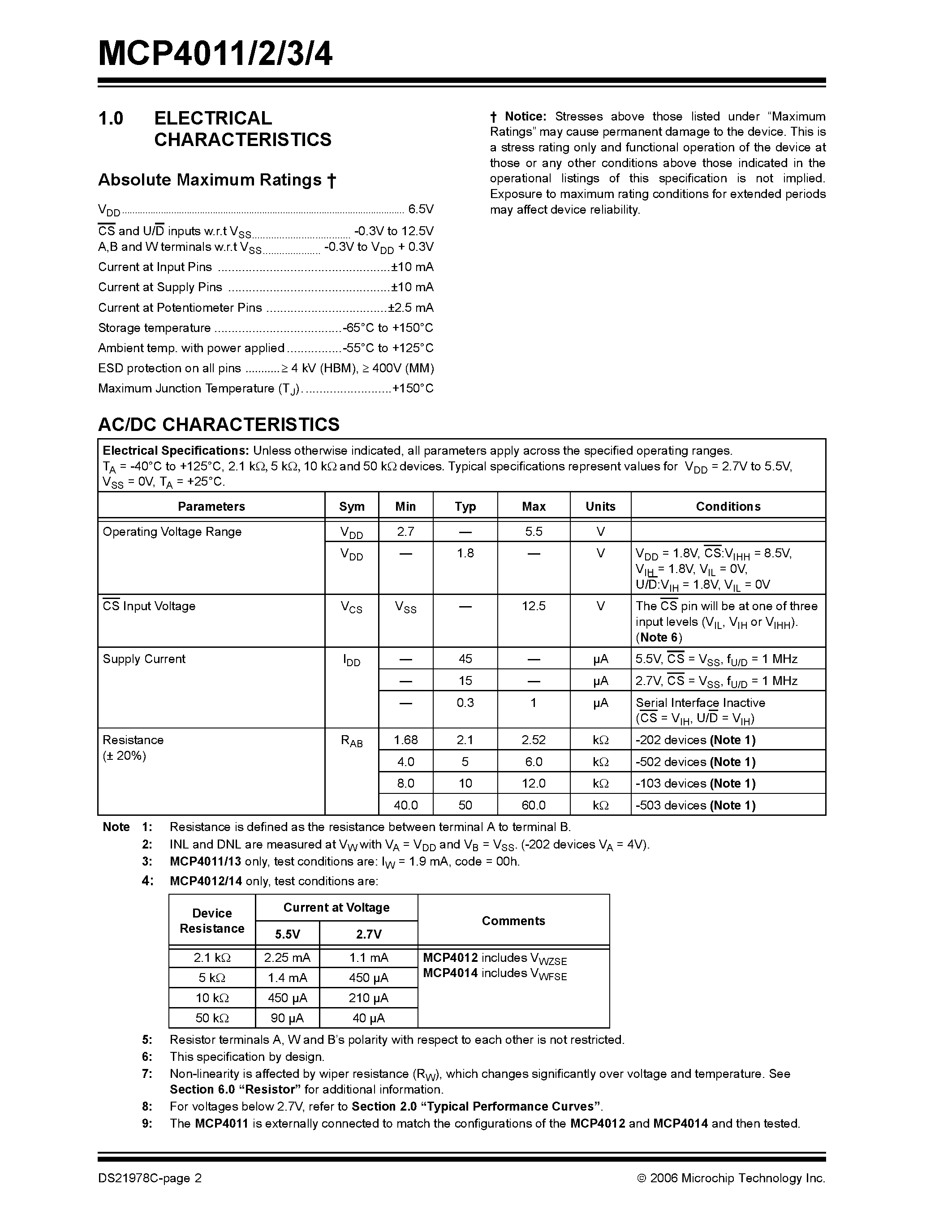 Datasheet MCP4011 - (MCP4011 - MCP4014) Low-Cost 64-Step Volatile Digital POT page 2