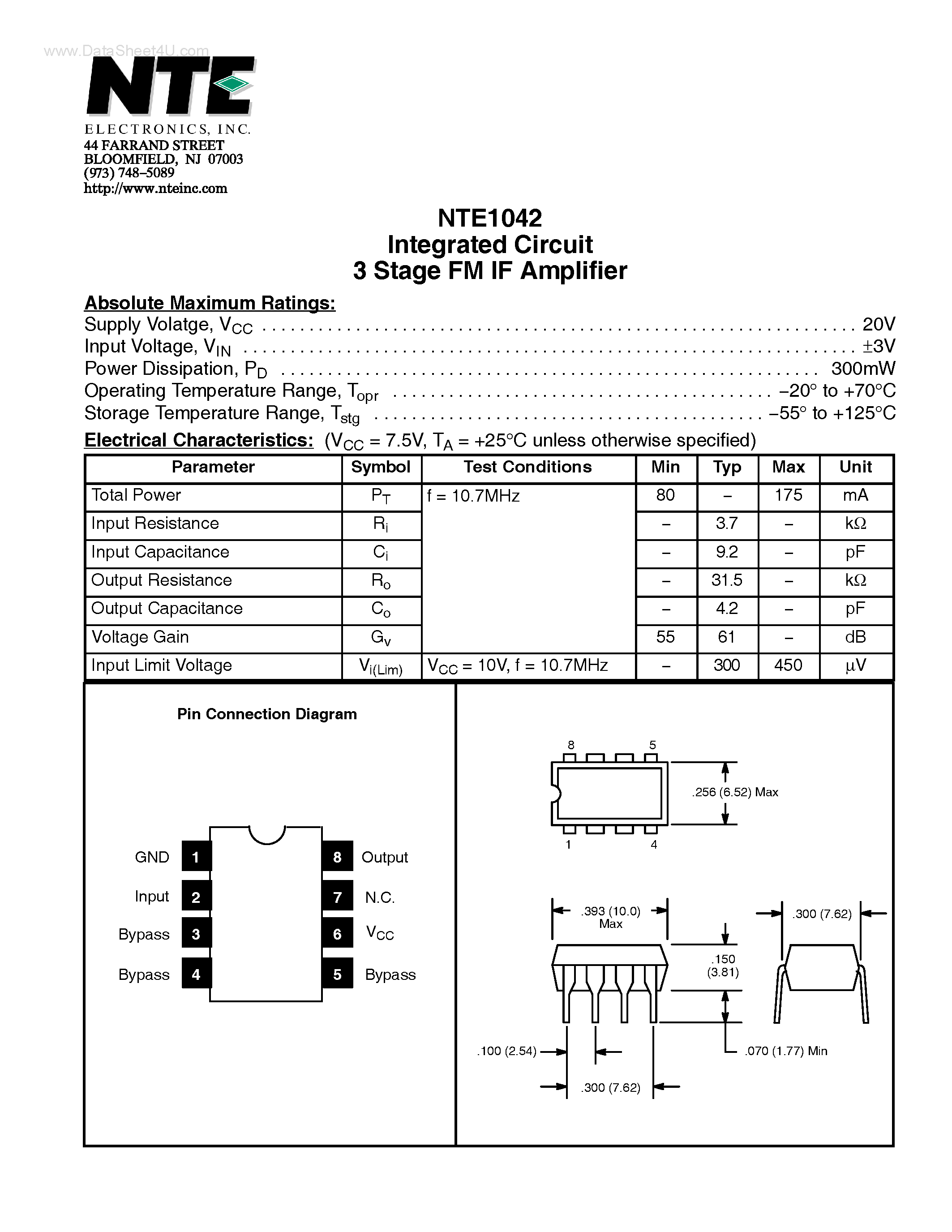 Datasheet NTE1042 page 1 Datasheet NTE1042 - Integrated Circuit 3 Stage FM IF Amplifier page 1