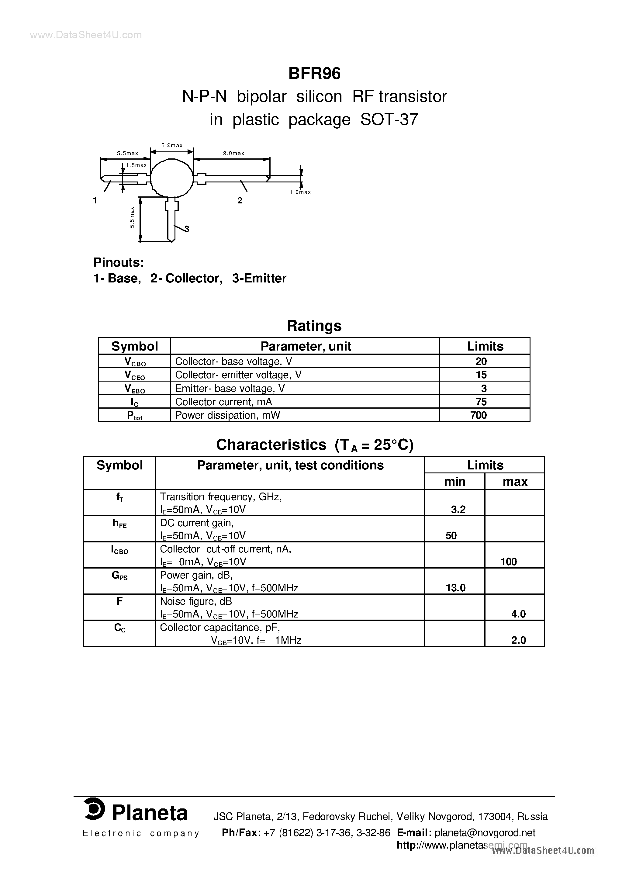 Даташит на микросхему BFR96 страница 1 Даташит BFR96 - N-P-N bipolar silicon RF transistor страница 1