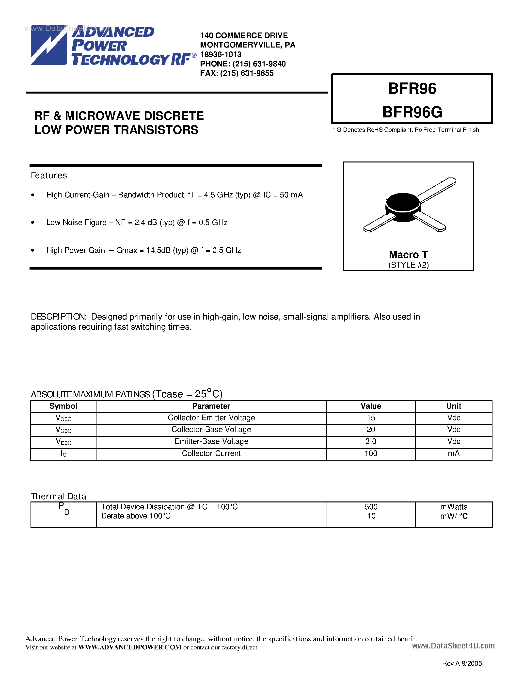 Даташит BFR96 - RF & MICROWAVE DISCRETE LOW POWER TRANSISTORS страница 1